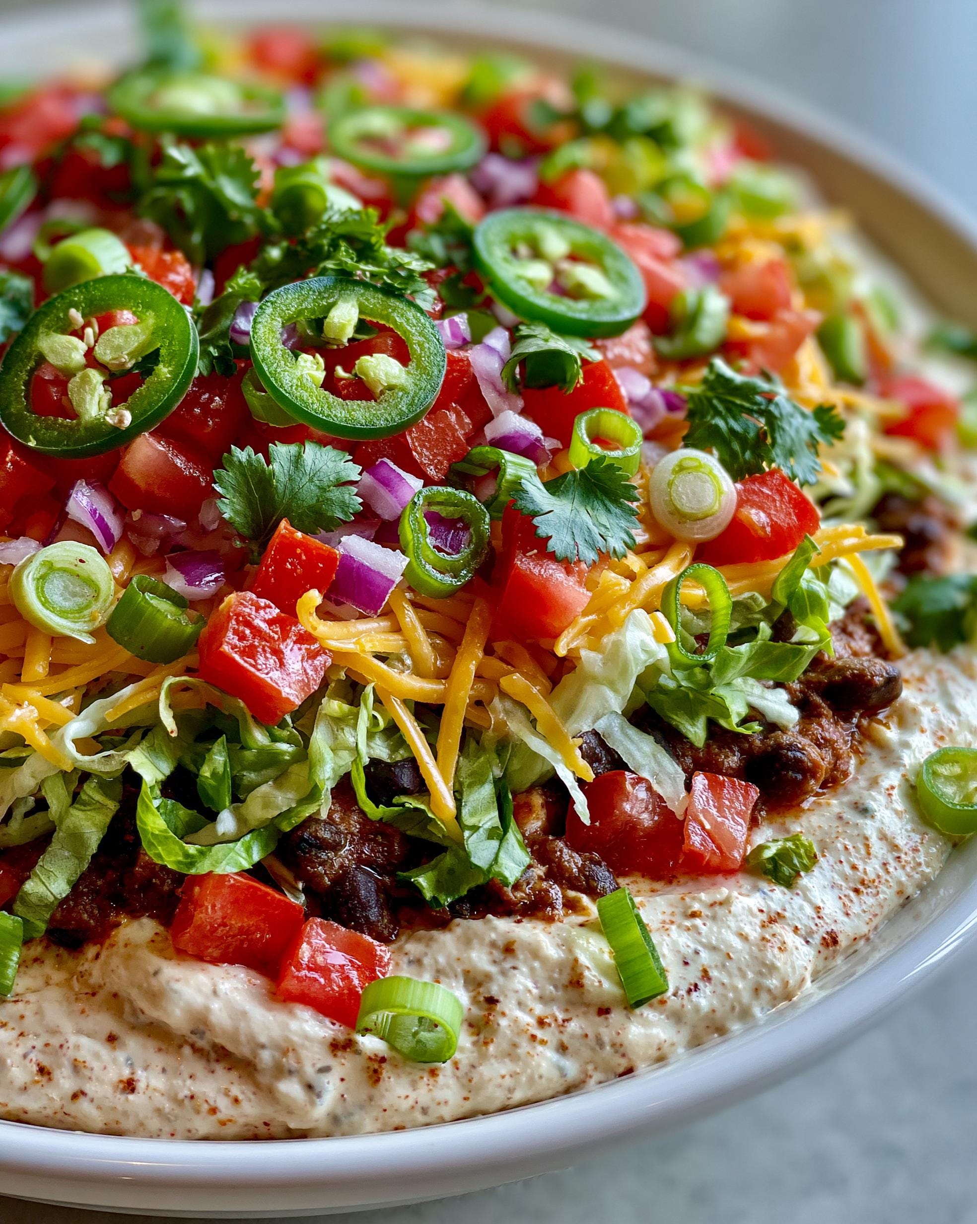 A close-up of a High Protein Taco Dip layered with seasoned meat, black beans, shredded cheese, lettuce, tomatoes, jalapeños, and cilantro.