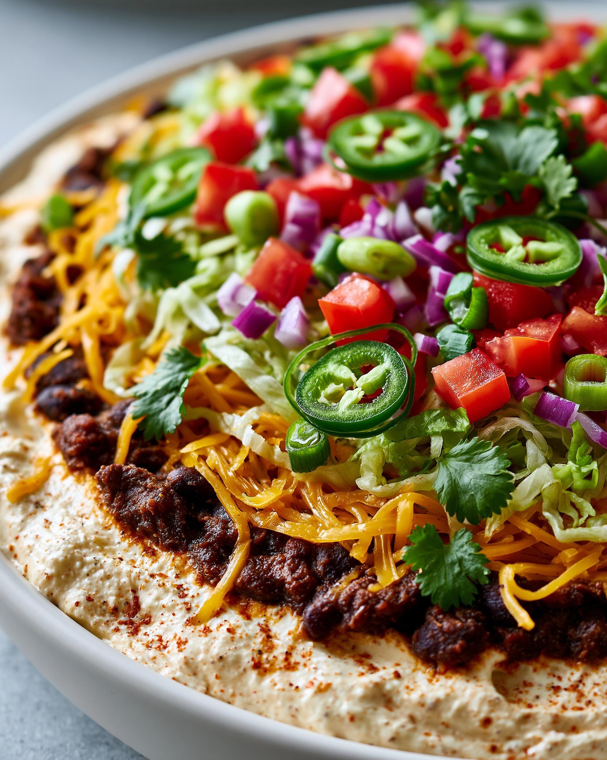 Close-up of a High Protein Taco Dip layered with seasoned meat, beans, shredded cheese, lettuce, tomatoes, jalapeños, and cilantro.