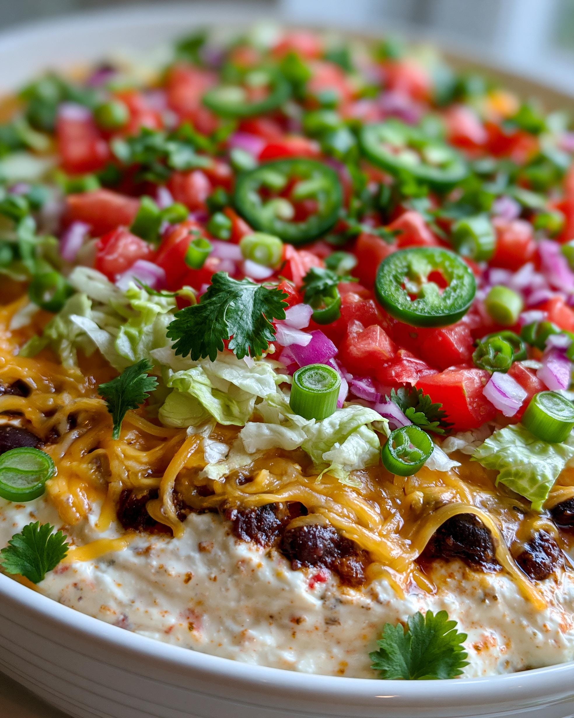 Close-up of a High Protein Taco Dip Recipe topped with shredded cheese, lettuce, tomatoes, jalapeños, and green onions.