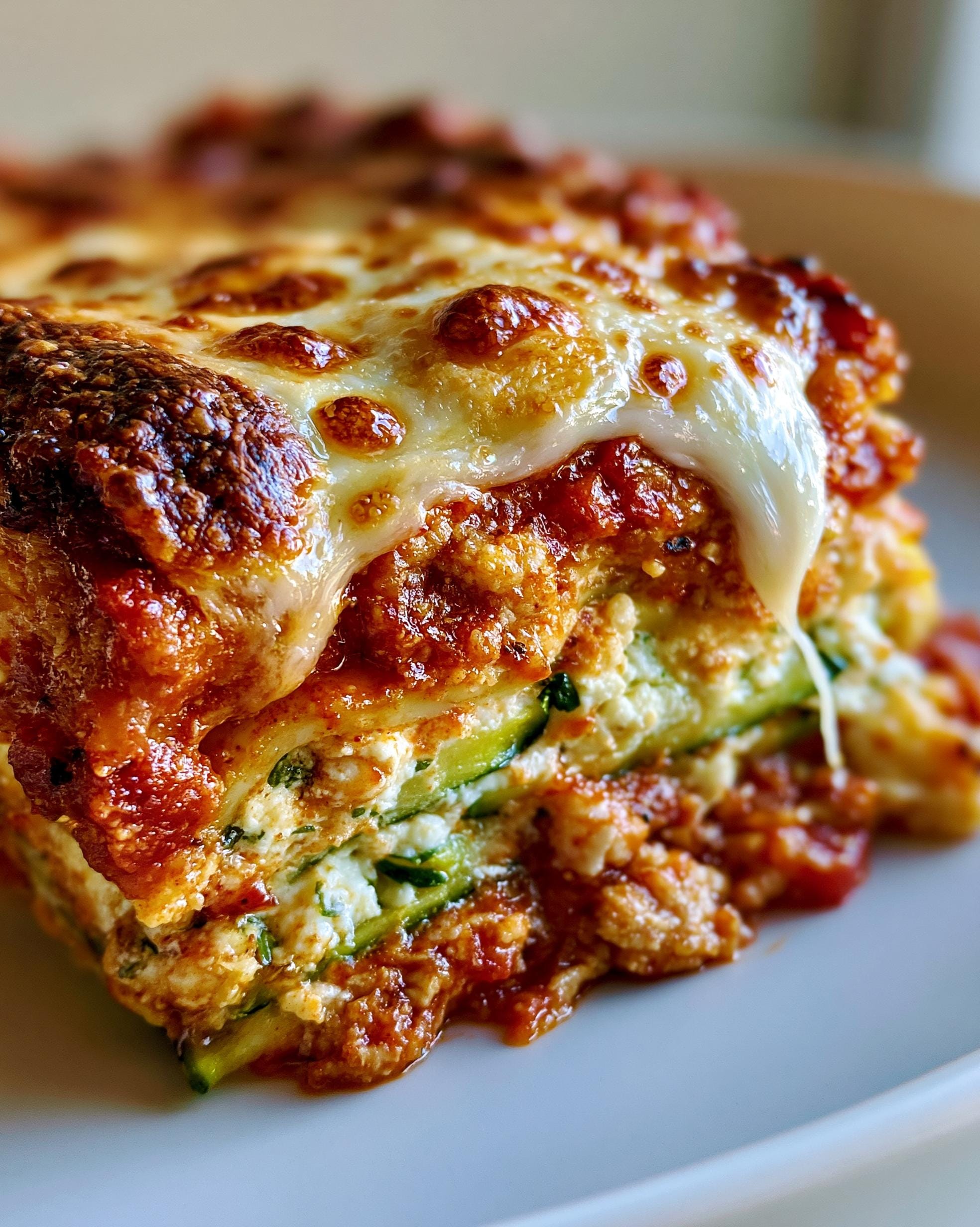 A close-up of a slice of High Protein Zucchini Lasagna, showing layers of zucchini, cheese, and meat sauce, topped with melted cheese.