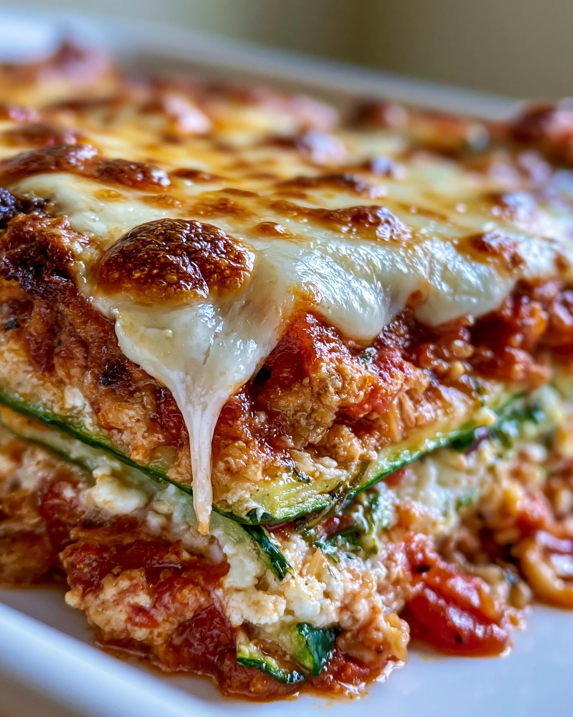 A close-up shot of a slice of High Protein Zucchini Lasagna with melted cheese and tomato sauce.