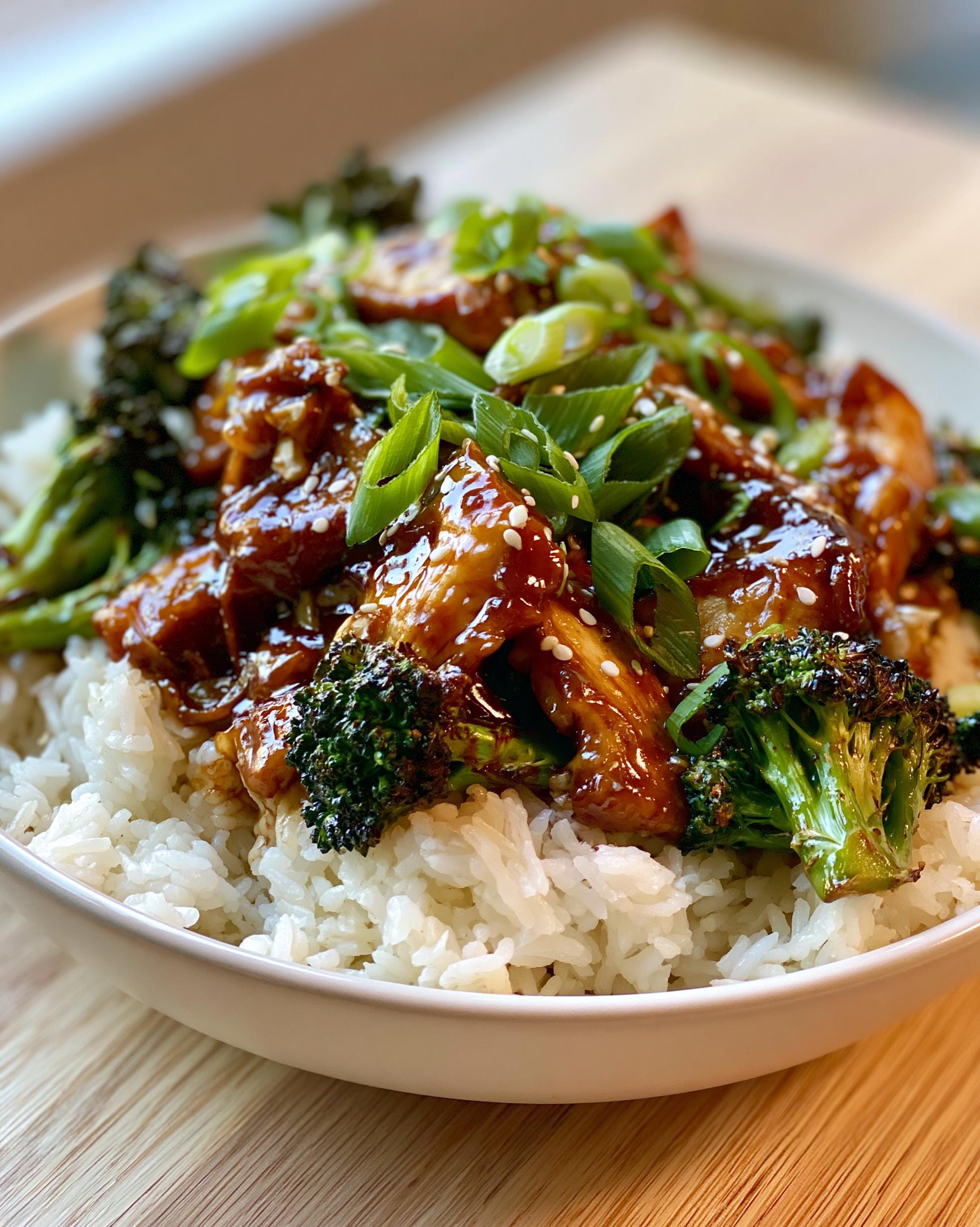 A close-up of a bowl of Honey Garlic Chicken served over white rice with roasted broccoli florets and garnished with sesame seeds and green onions.