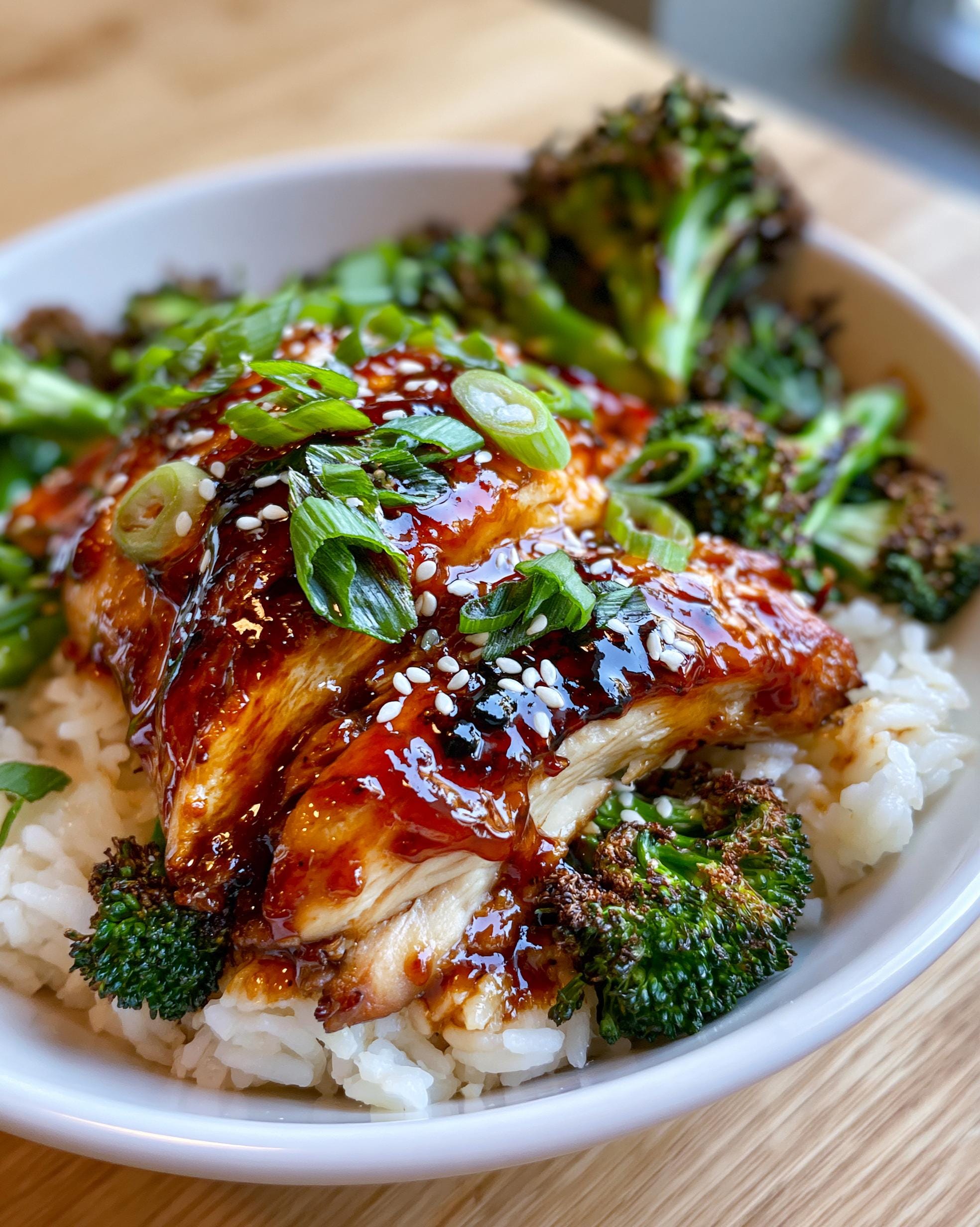 A close-up of a healthy meal prep bowl featuring Honey Garlic Chicken, white rice, and roasted broccoli, garnished with sesame seeds and green onions.