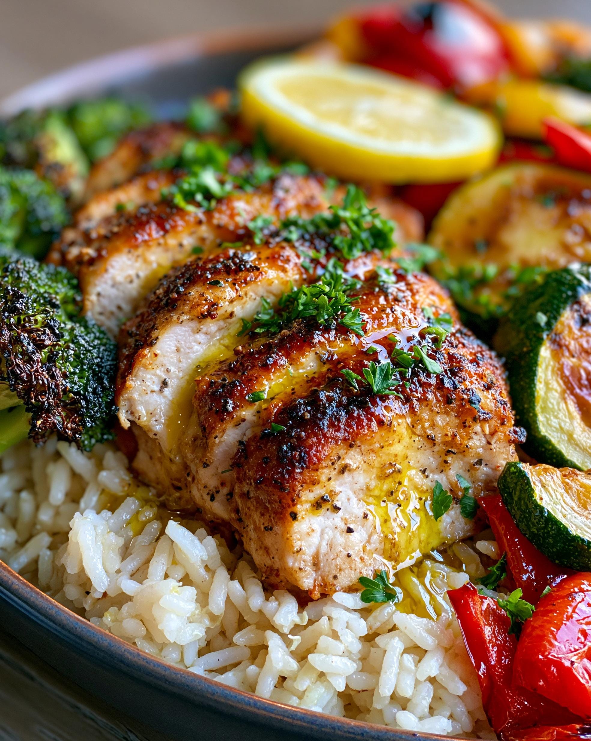 A close-up of sliced Lemon Pepper Chicken served over rice with roasted broccoli, zucchini, and red peppers, garnished with parsley and a lemon slice.