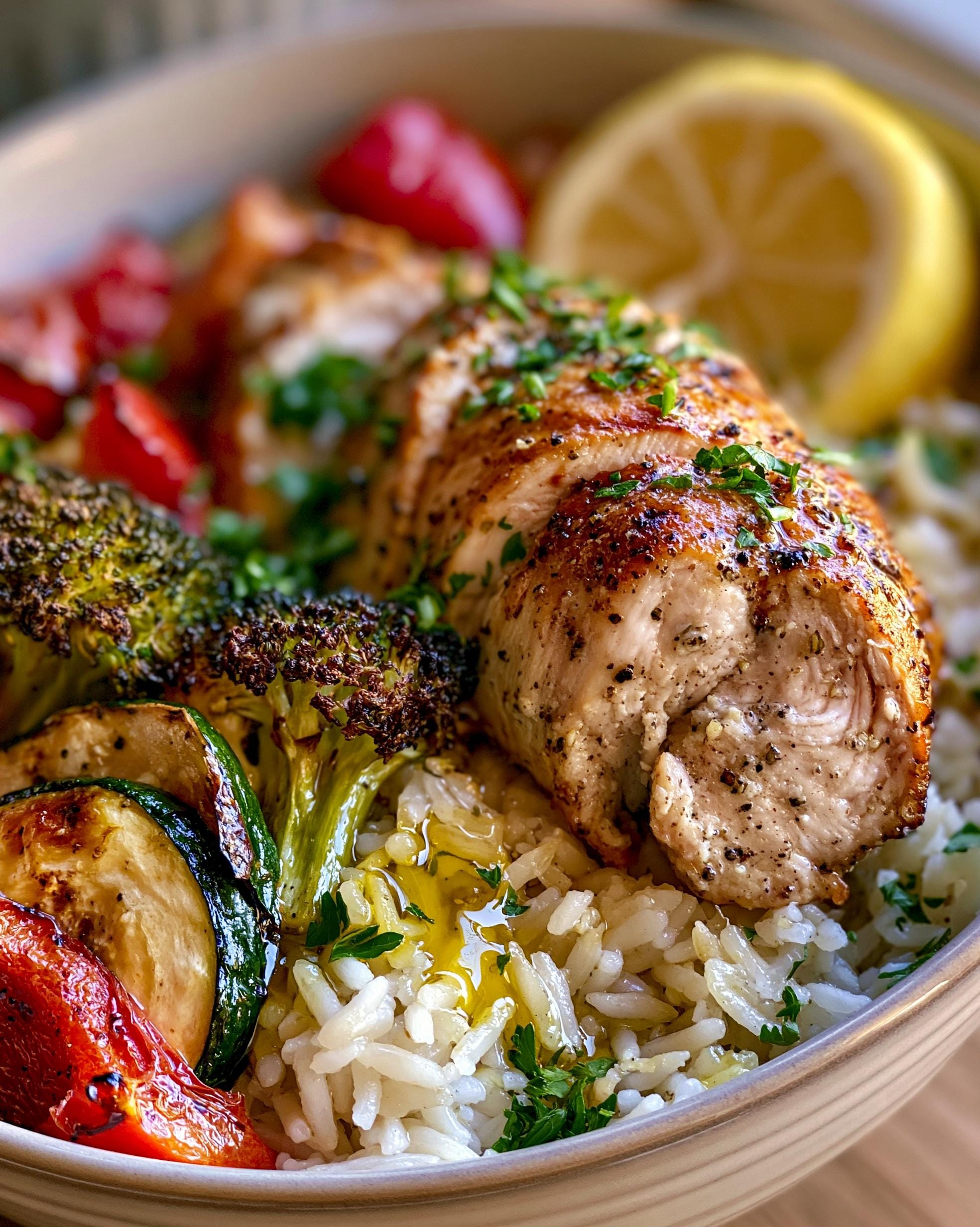 A close-up of a healthy meal prep bowl featuring sliced Lemon Pepper Chicken, rice, roasted broccoli, zucchini, and red peppers.