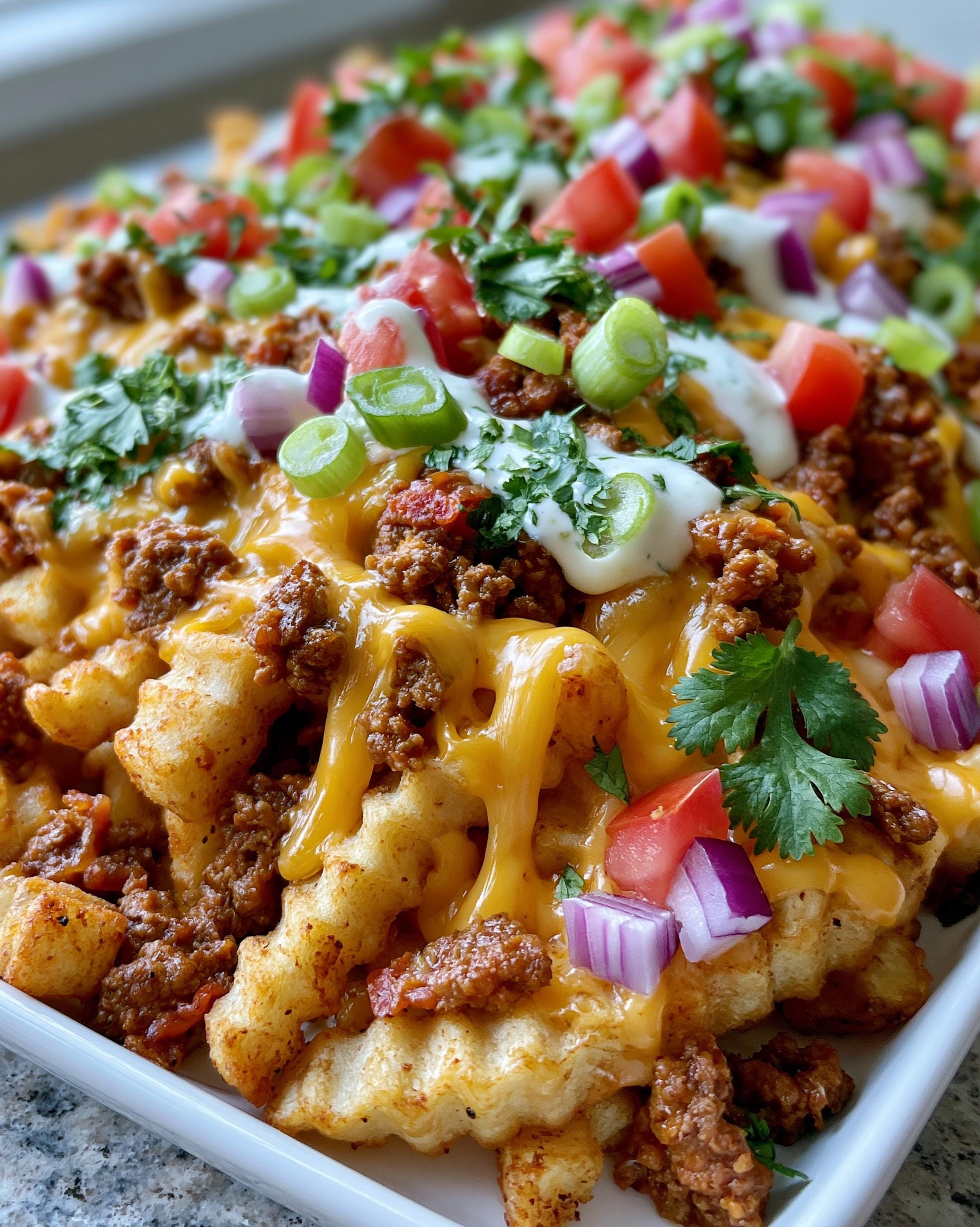 A close-up of Loaded Protein Fries topped with melted cheese, seasoned ground meat, diced tomatoes, red onion, and green onions.