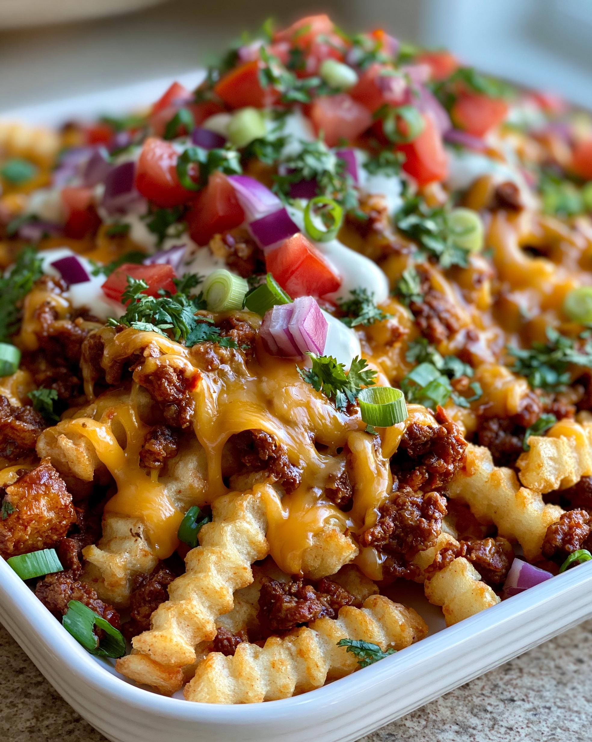 A close-up of Loaded Protein Fries topped with melted cheese, seasoned ground meat, sour cream, diced tomatoes, red onion, and green onions.