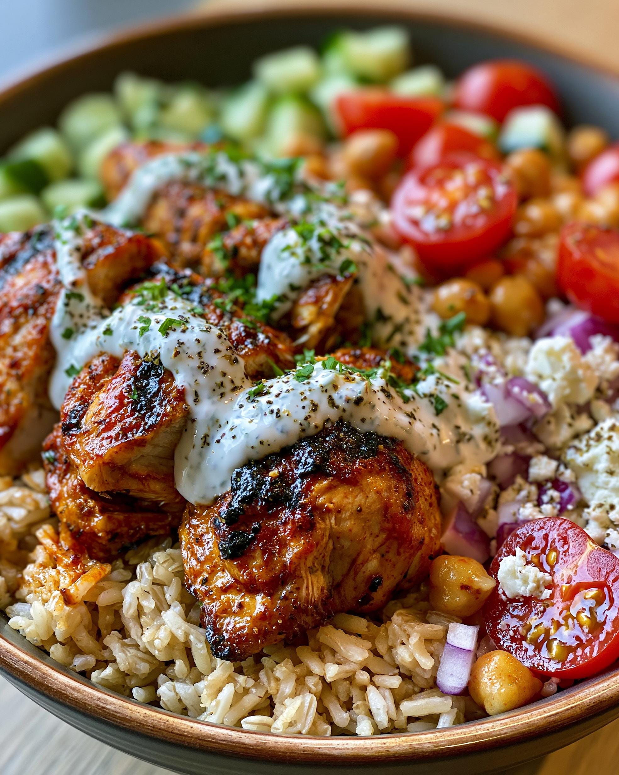 Close-up of a Mediterranean Chicken Bowl featuring grilled chicken, rice, tomatoes, cucumber, chickpeas, feta, and a creamy sauce.