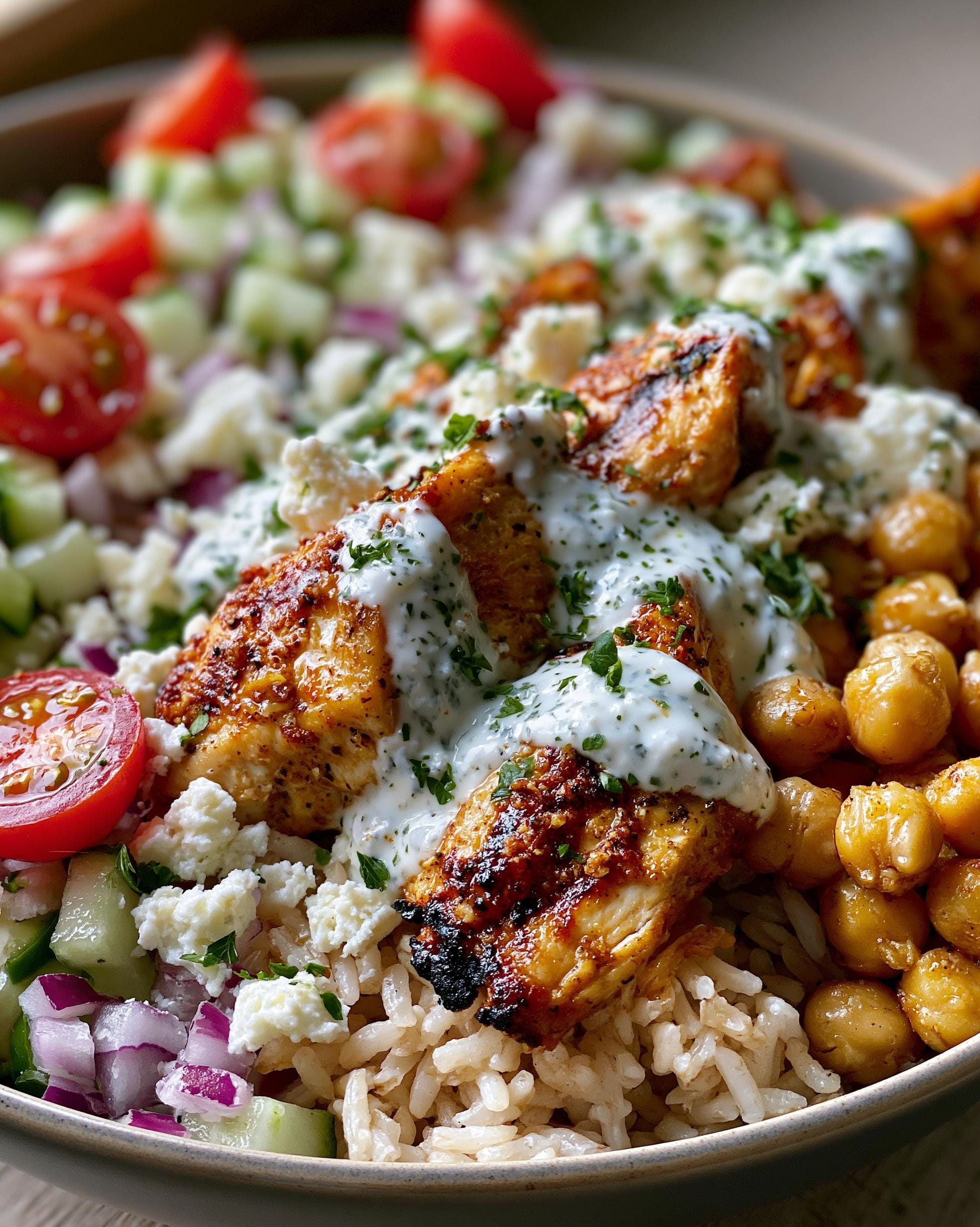 A close-up of a Mediterranean Chicken Bowl featuring grilled chicken, rice, chickpeas, cucumber, tomato, feta, and a creamy sauce.