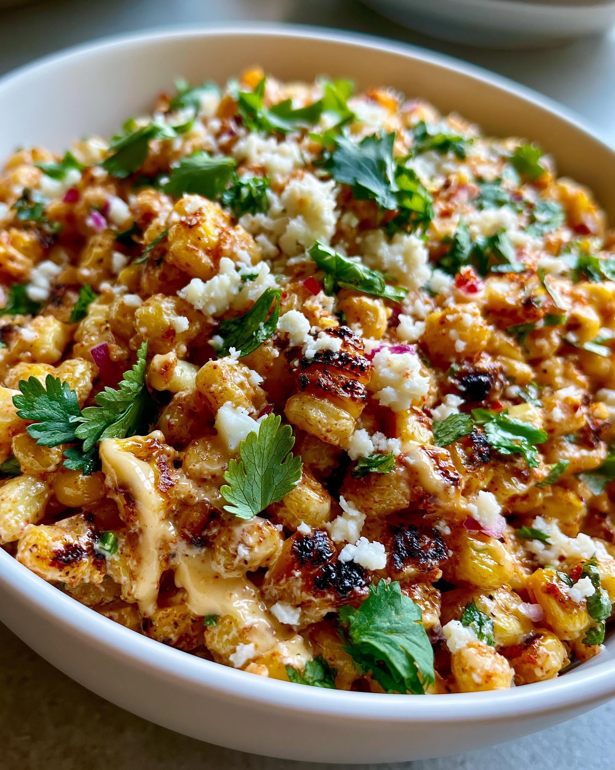 A close-up shot of Mexican Street Corn Salad in a white bowl, topped with crumbled cheese and fresh cilantro.