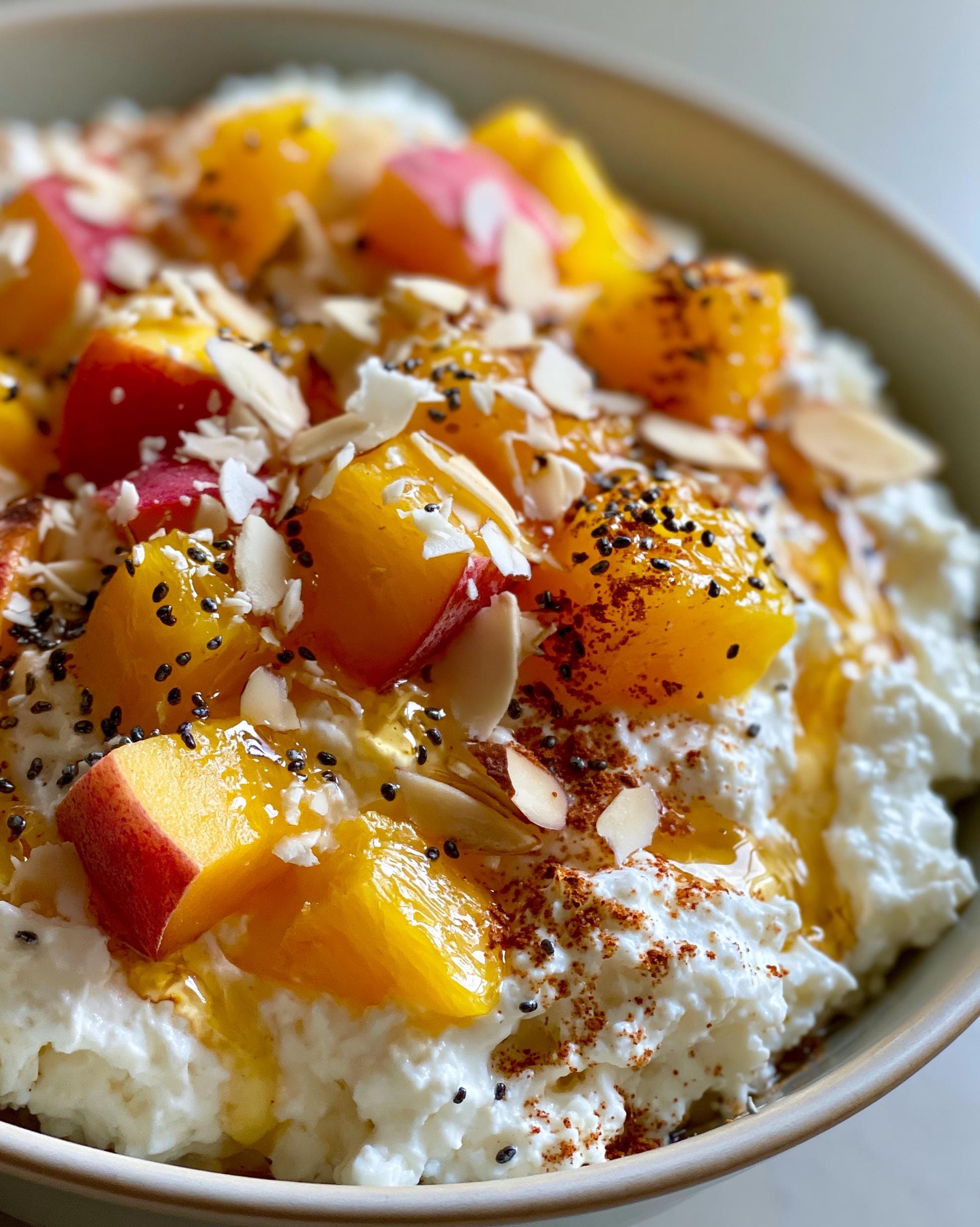 A close-up of a Peach Cottage Cheese Bowl topped with fresh peach slices, chia seeds, sliced almonds, and a drizzle of honey.
