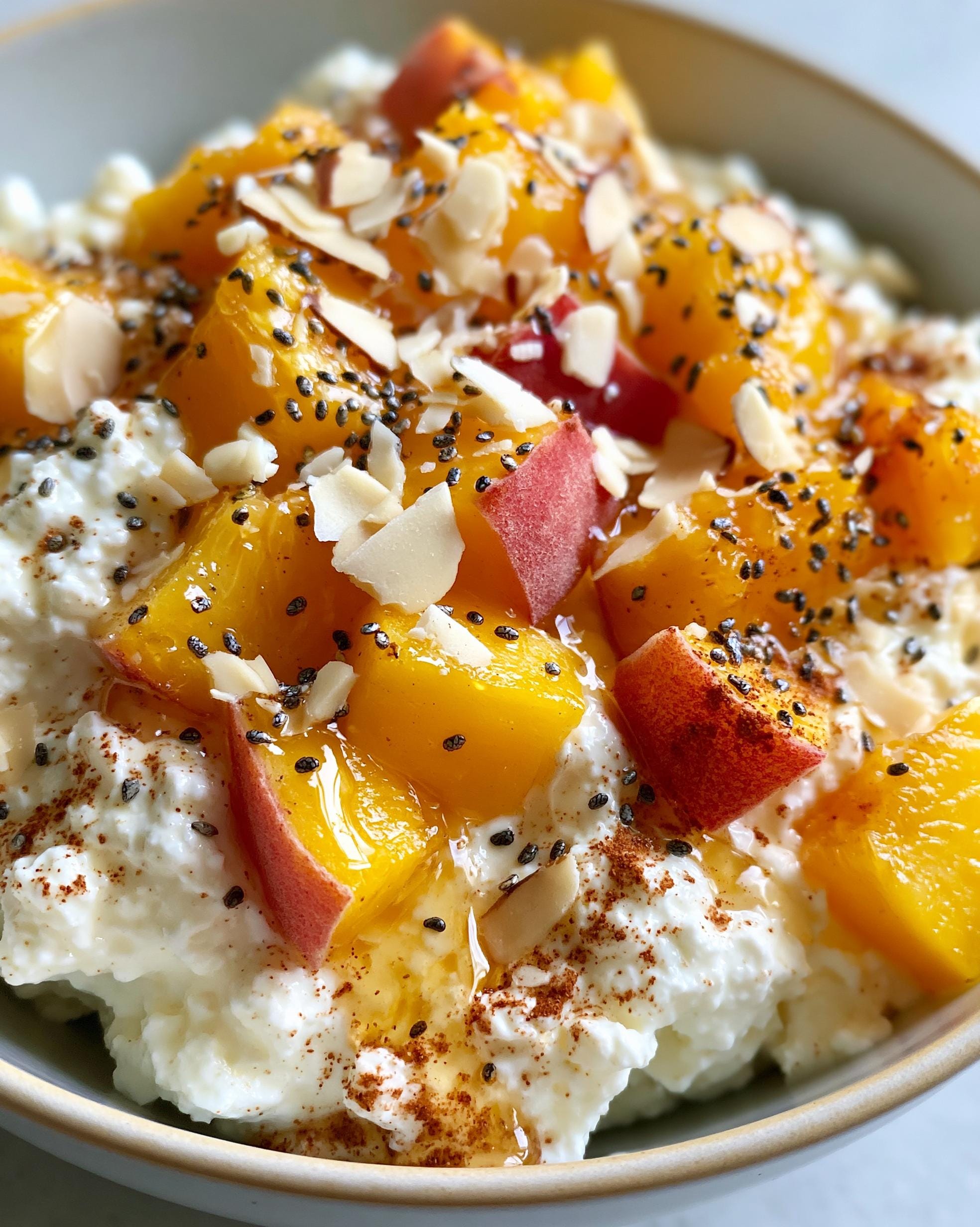 Close-up of a Peach Cottage Cheese Bowl topped with sliced peaches, slivered almonds, chia seeds, and a sprinkle of cinnamon.