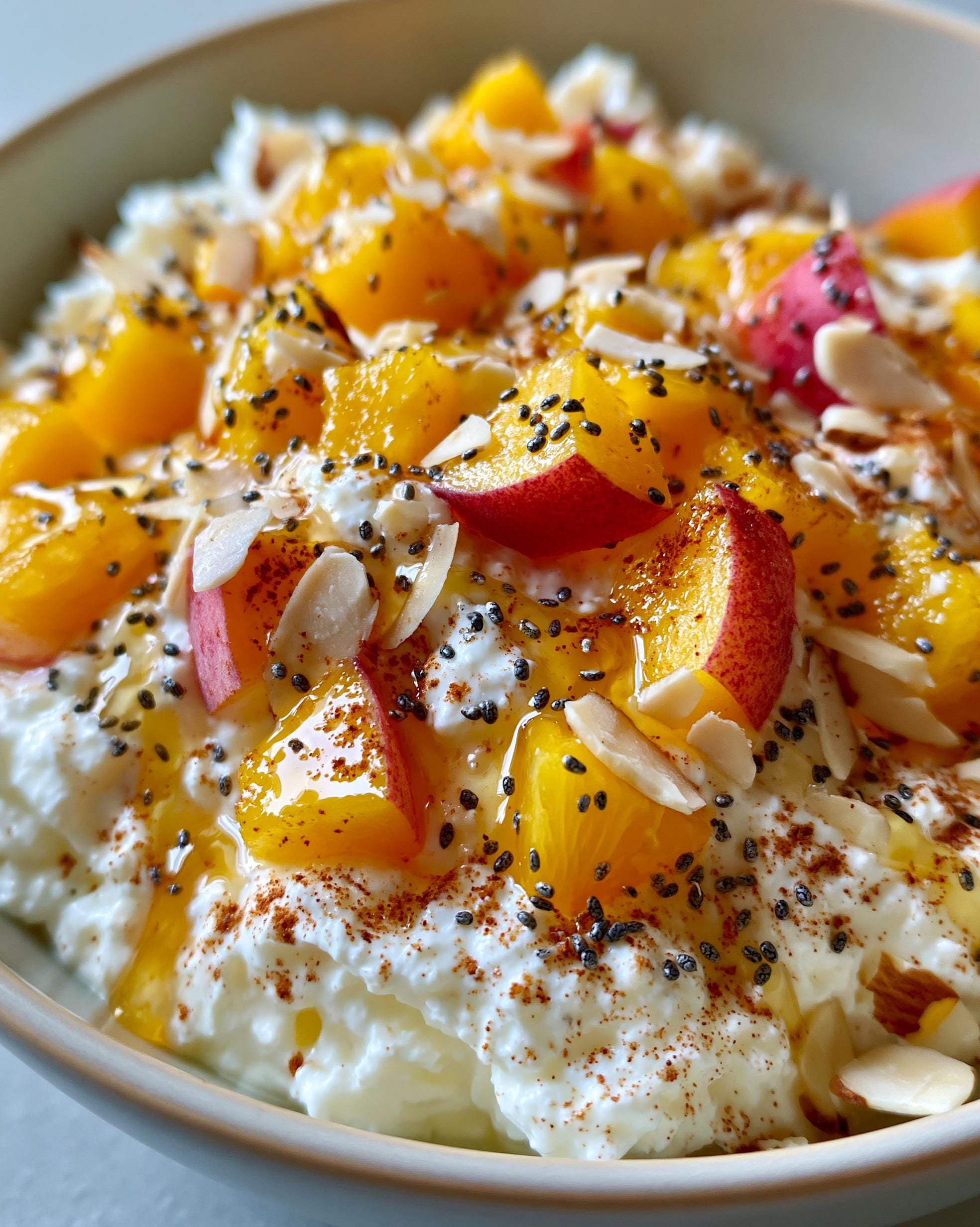 A close-up of a Peach Cottage Cheese Bowl topped with fresh peach slices, almonds, chia seeds, and a drizzle of honey.