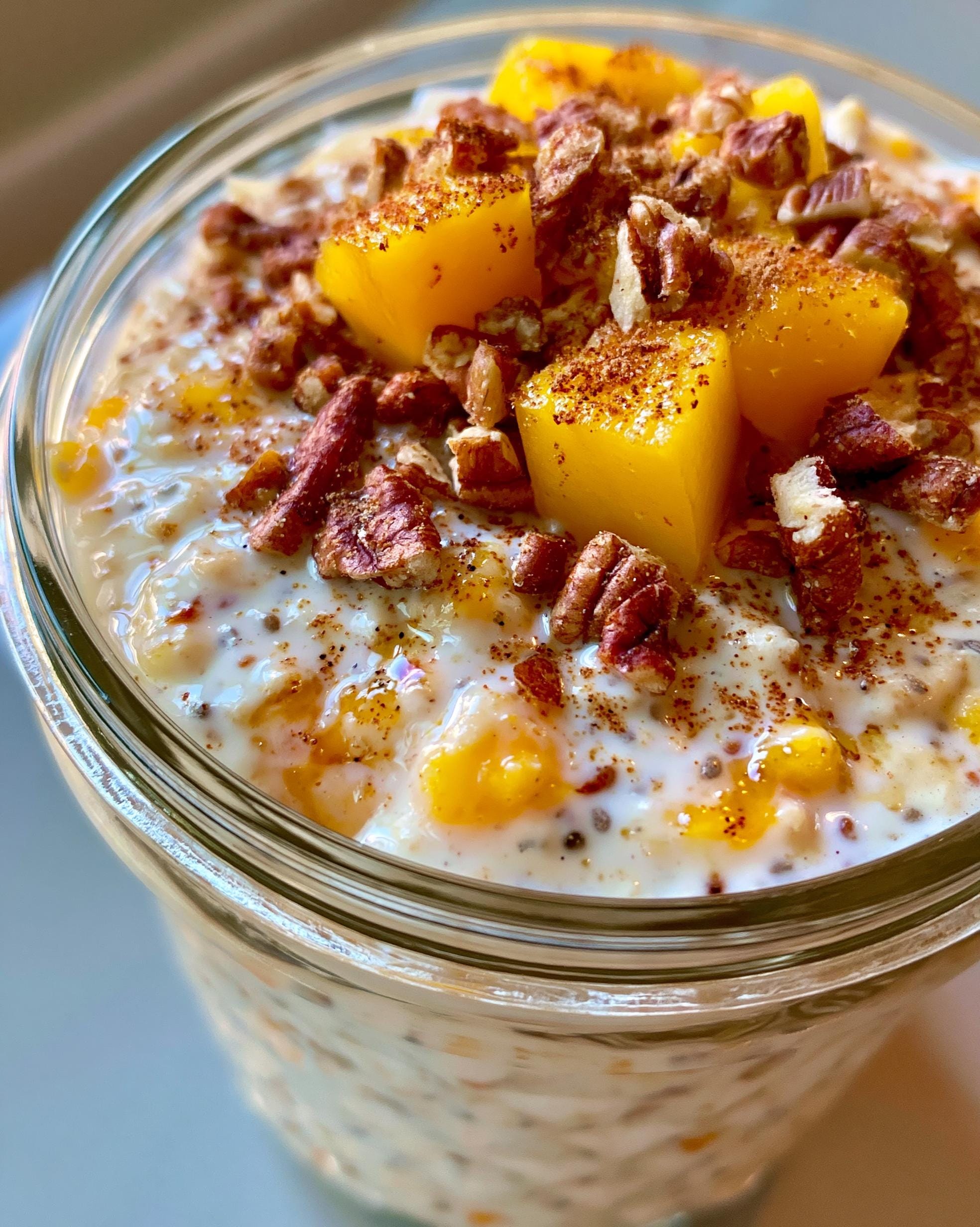 A close-up view of delicious Peach Overnight Oats in a glass jar, topped with fresh peach chunks, chopped pecans, and a sprinkle of cinnamon.