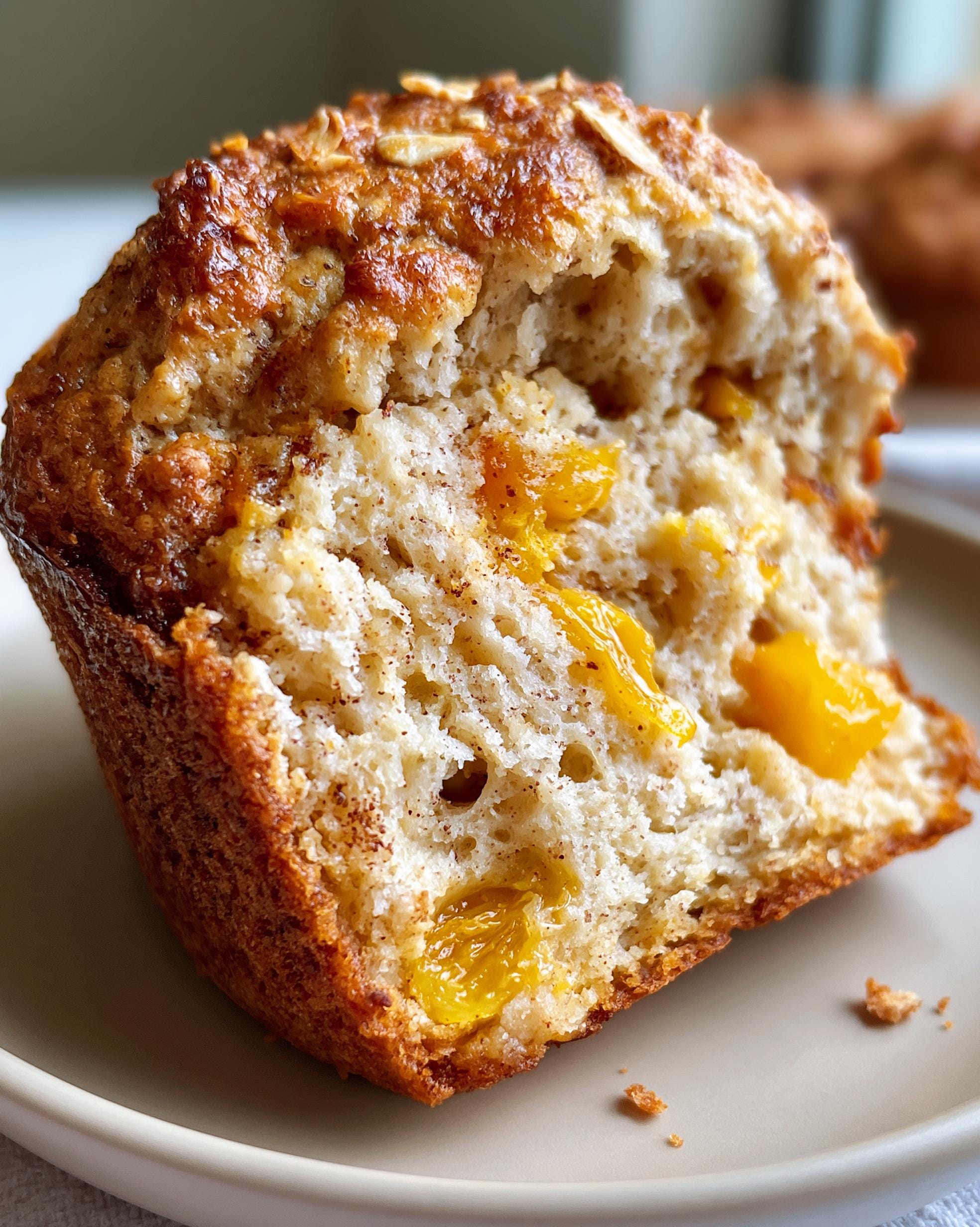 A close-up of a Peach Protein Muffin, showing its fluffy interior with visible chunks of peach and a golden-brown crust.
