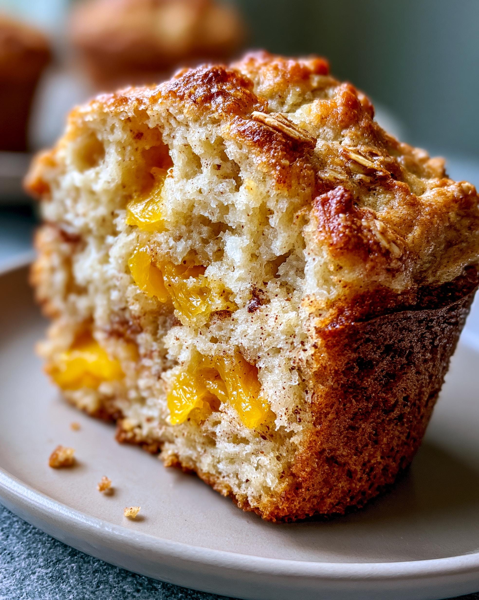 Close-up of a Peach Protein Muffin, showing a fluffy interior with chunks of juicy peaches and a golden-brown, slightly crisp top.