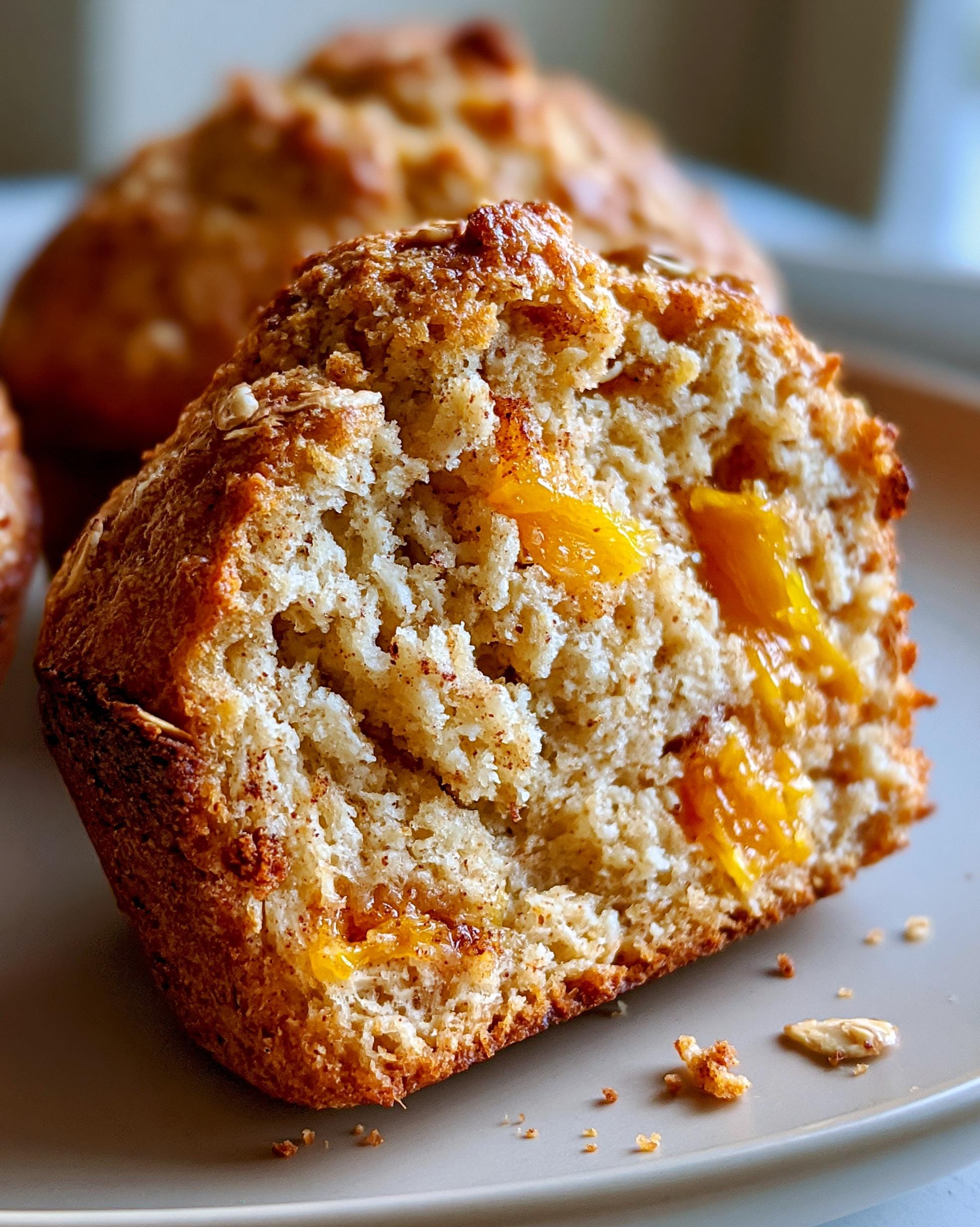 A close-up view of a halved Peach Protein Muffin, revealing soft crumb and juicy peach pieces.
