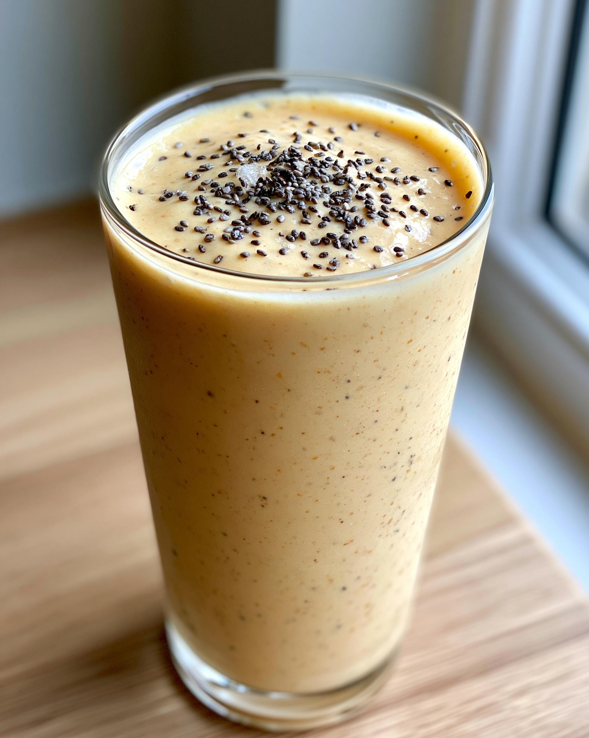 A tall glass filled with a creamy Peach Protein Smoothie, topped with chia seeds.