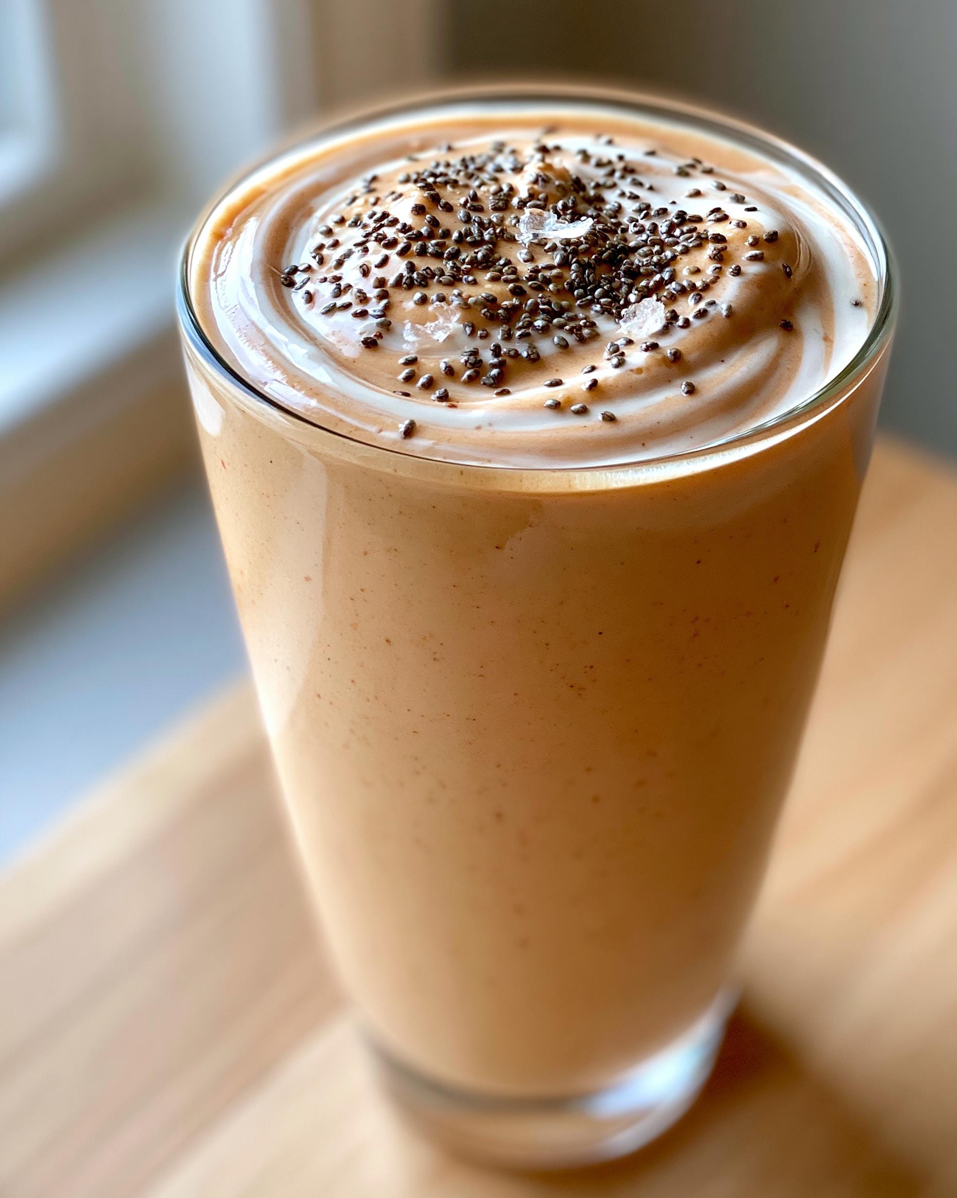 A tall glass of creamy Peach Protein Smoothie topped with whipped cream and chia seeds.