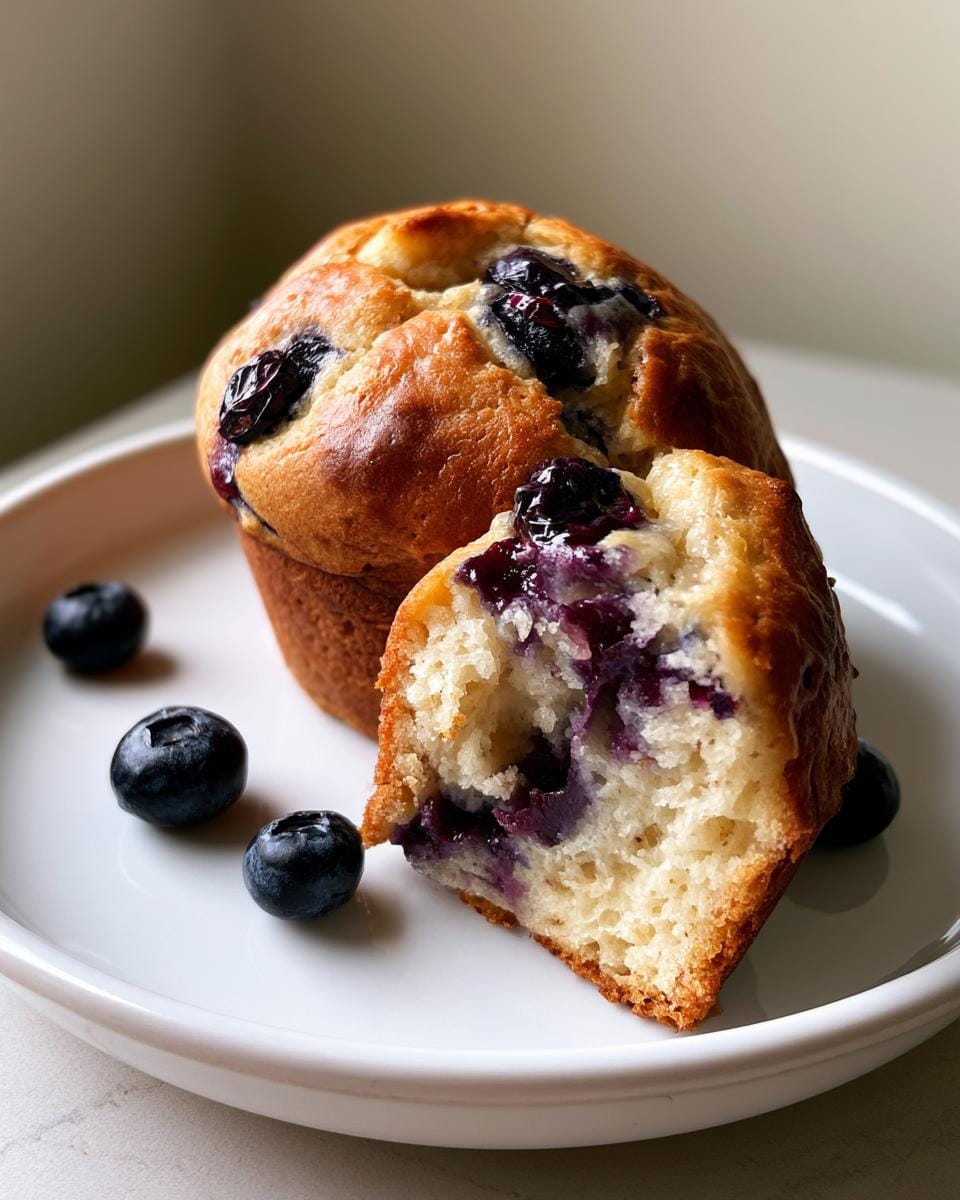 Close-up of a delicious Protein Blueberry Muffin, with one muffin cut in half to show the moist interior and bursting blueberries.