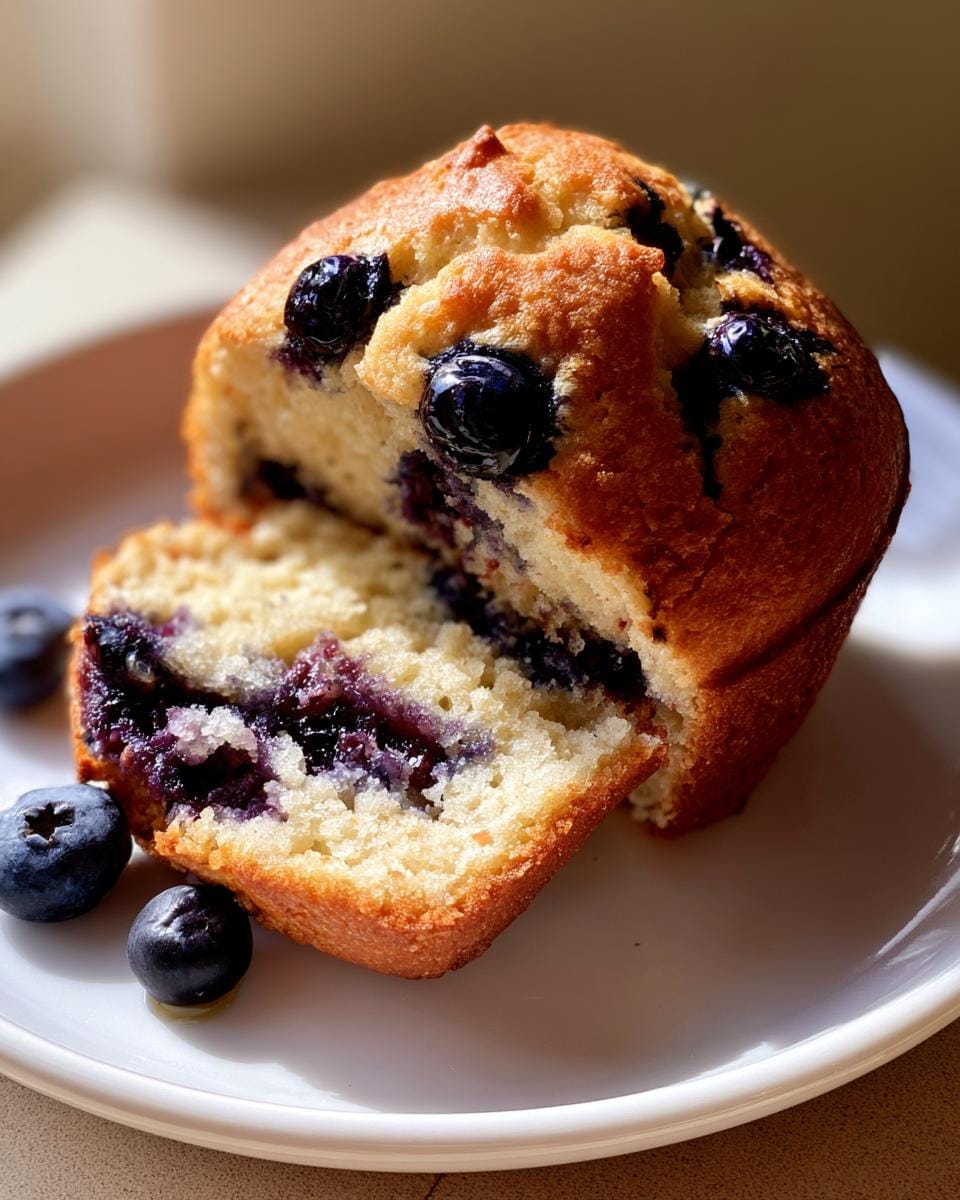 Close-up of a Protein Blueberry Muffin, sliced in half, revealing juicy blueberries and a golden crumb.