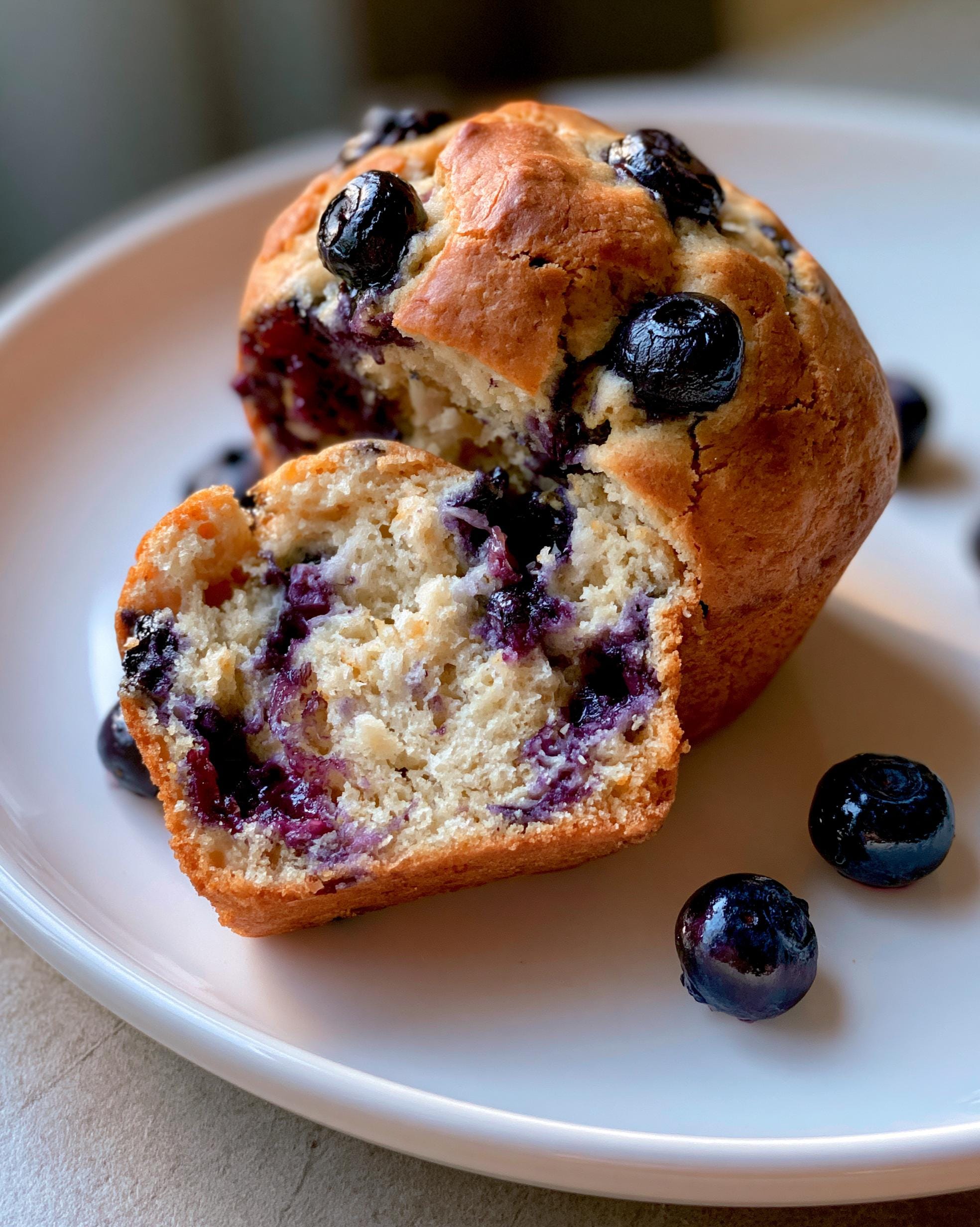 A split Protein Blueberry Muffin on a white plate, showcasing the fluffy interior and plump blueberries.