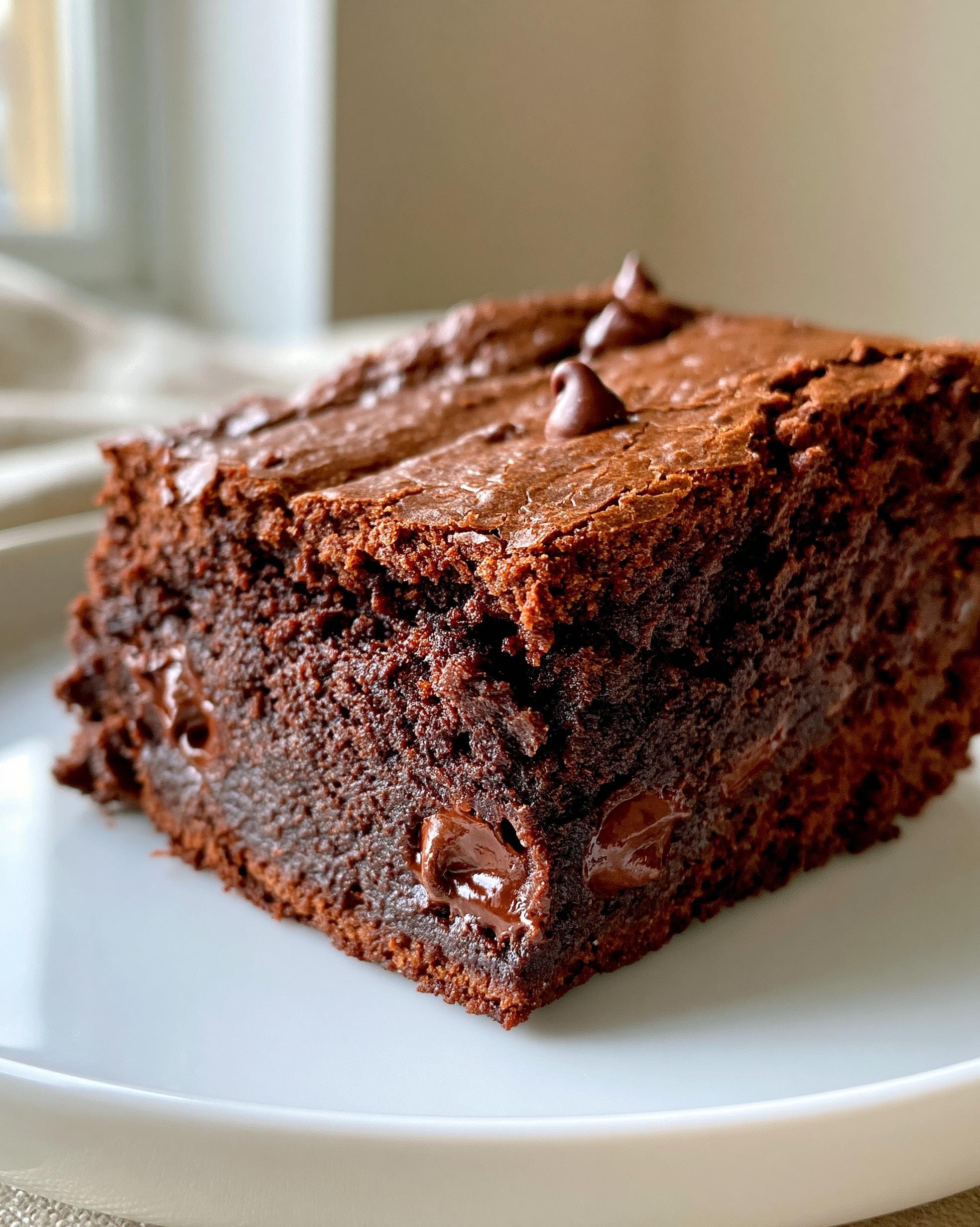 A close-up view of a rich chocolate Protein Brownie slice, topped with chocolate chips, on a white plate.