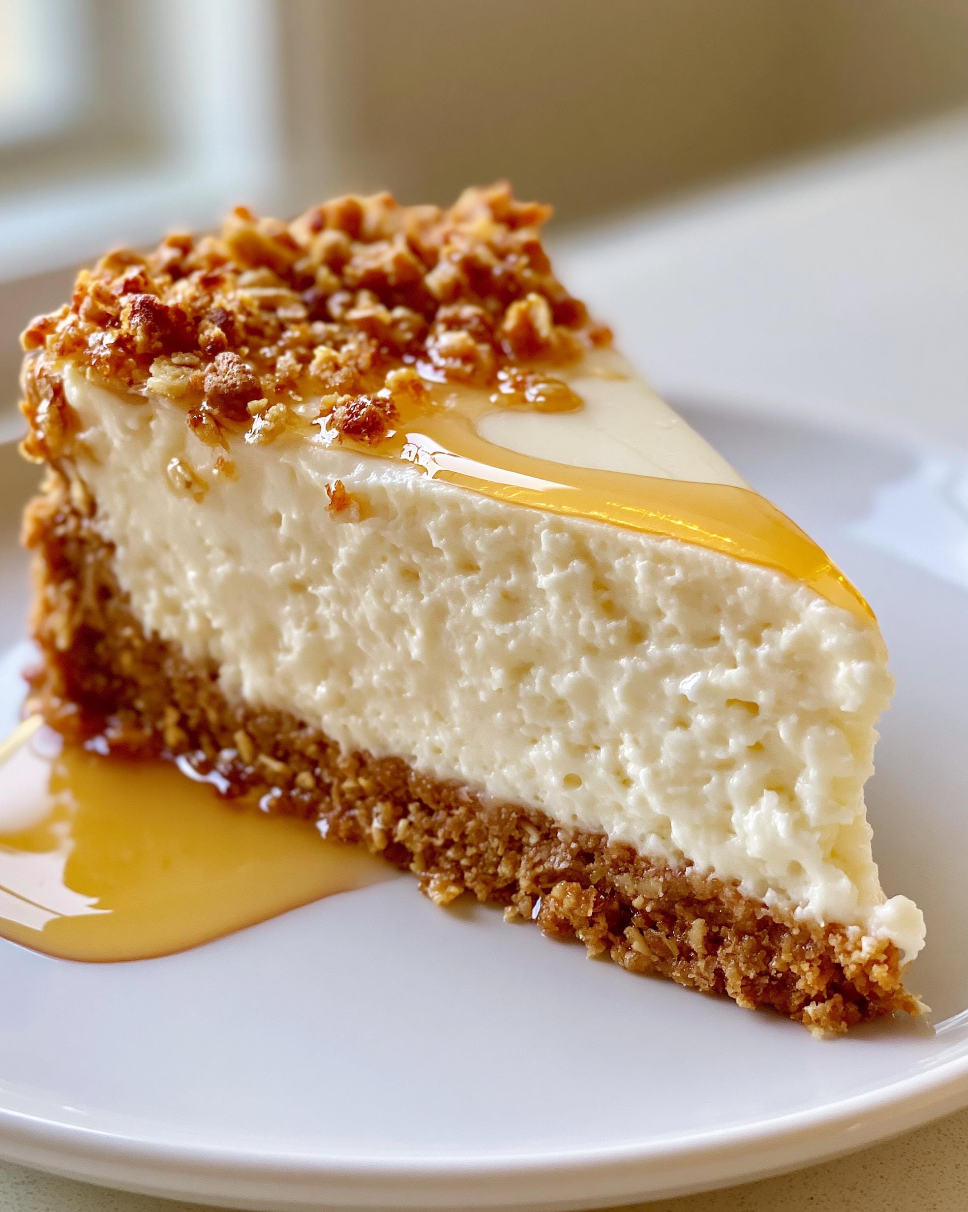 A slice of protein cheesecake with a graham cracker crust, topped with crunchy bits and a caramel drizzle.