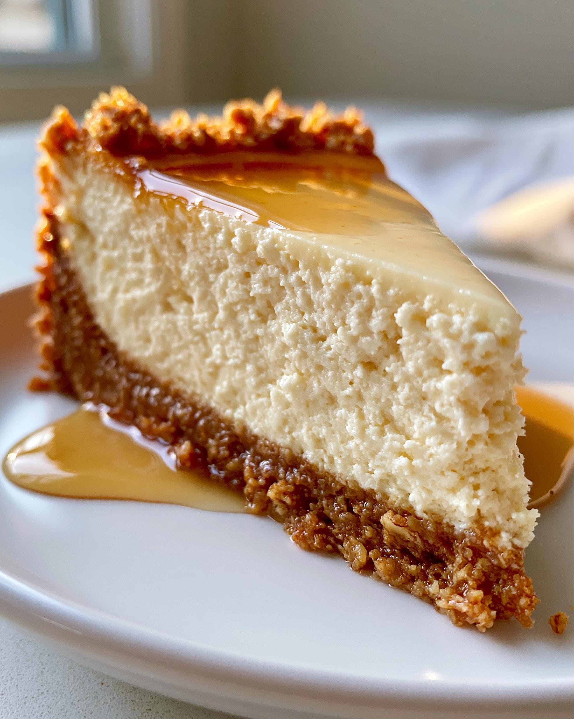 A close-up of a slice of protein cheesecake with a graham cracker crust and a caramel drizzle.