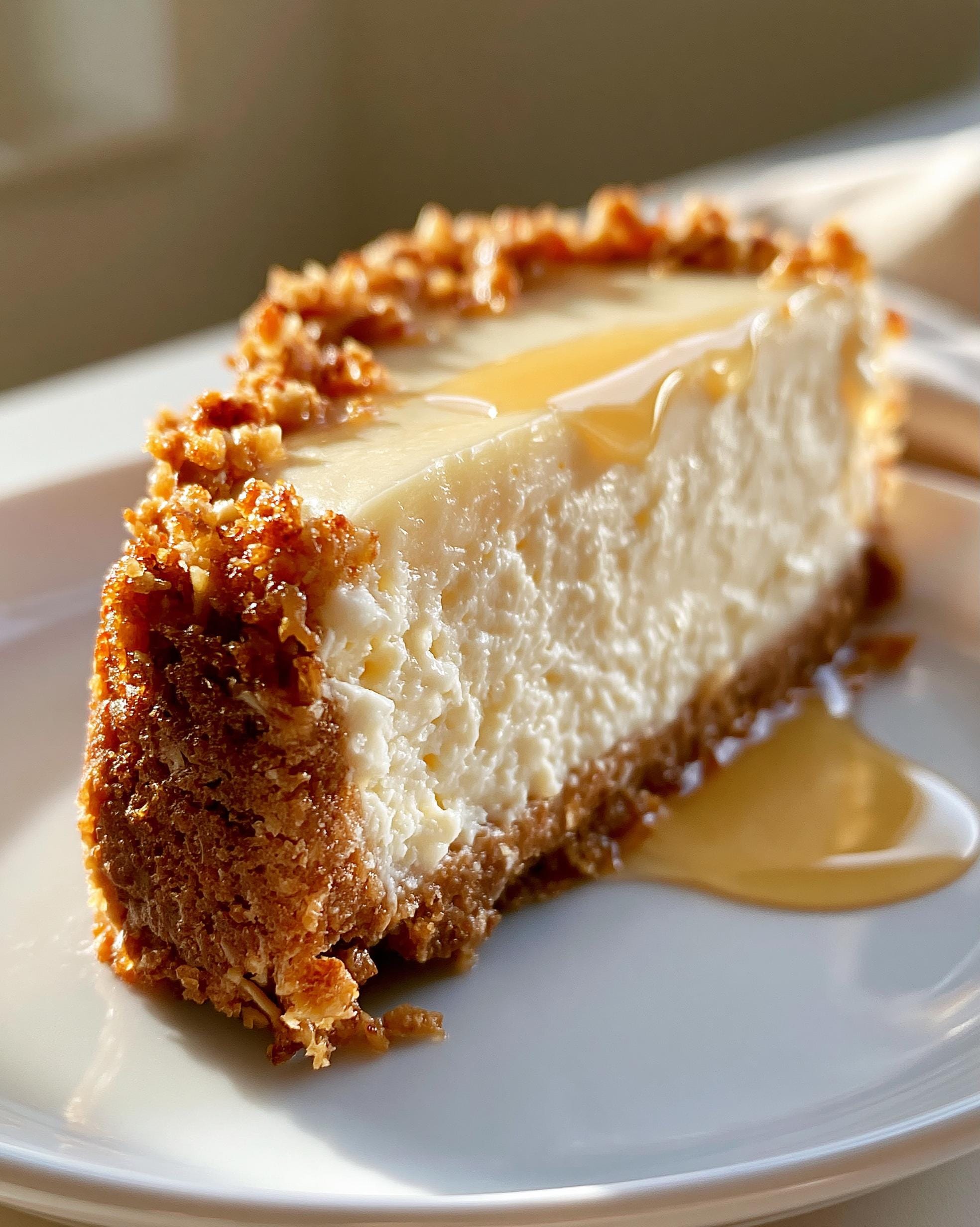 A slice of creamy Protein Cheesecake with a crunchy crust, drizzled with golden syrup on a white plate.