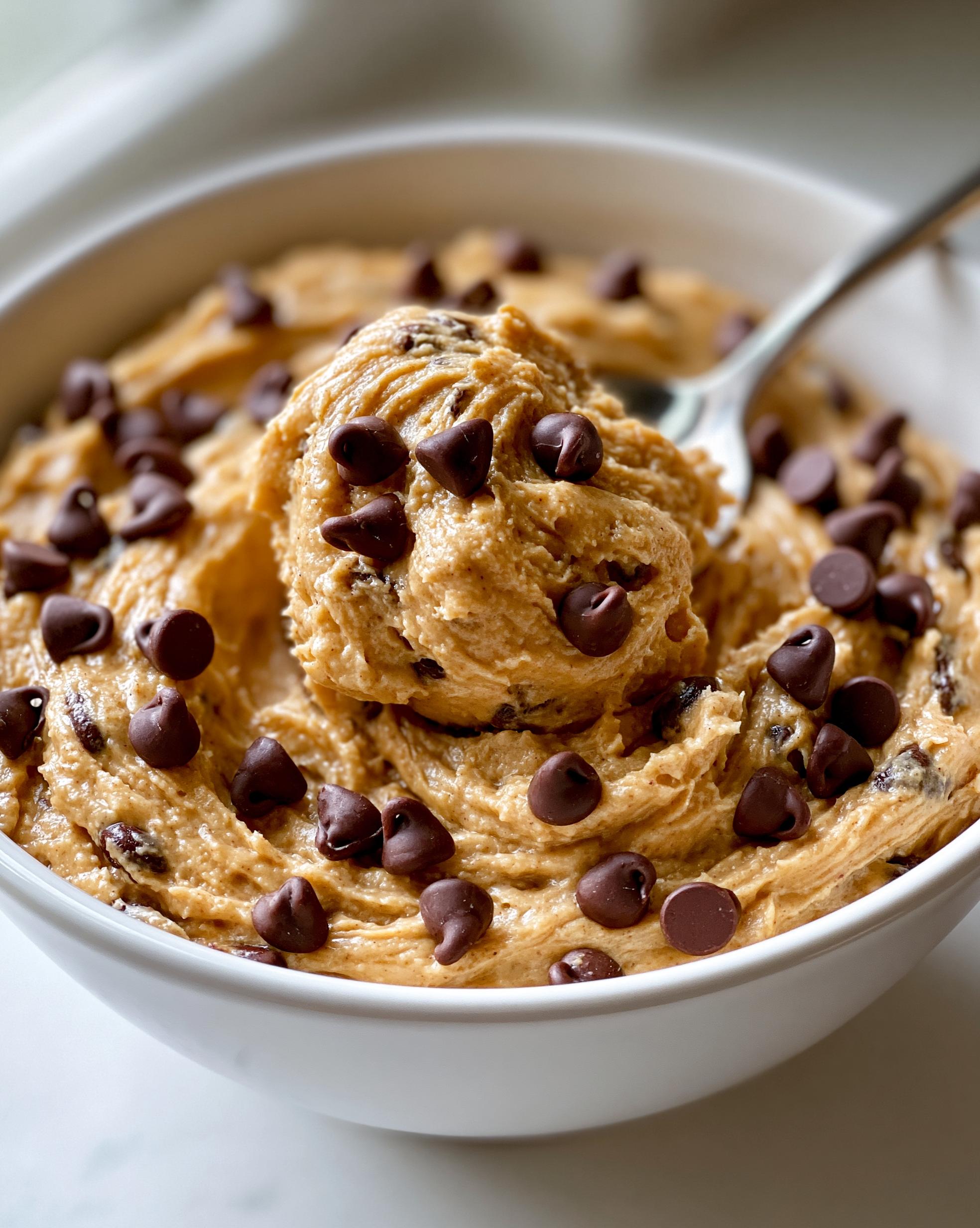 Close-up of a bowl filled with creamy Protein Cookie Dough studded with chocolate chips, a spoonful is being lifted.