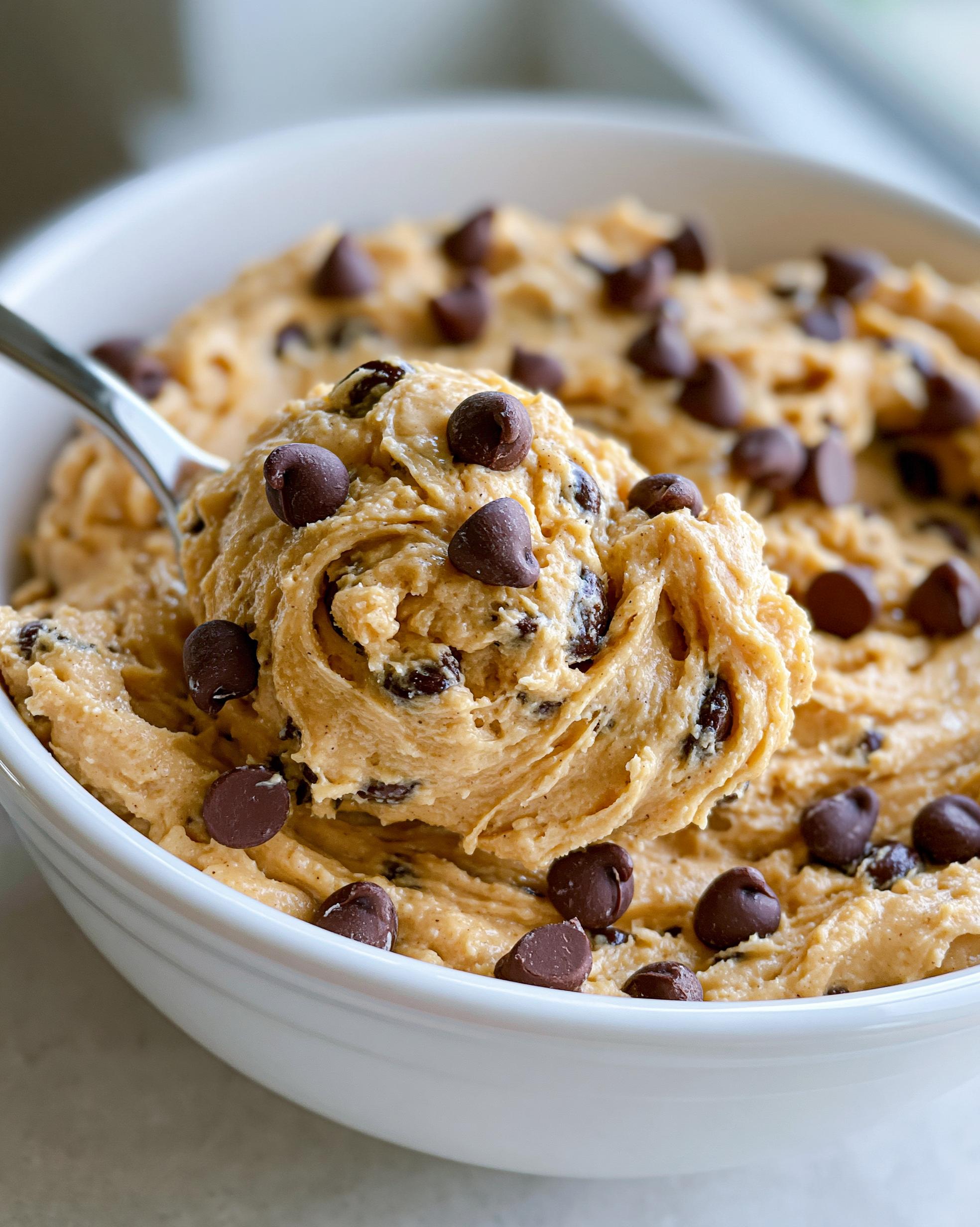 A spoonful of creamy Protein Cookie Dough loaded with chocolate chips, ready to be enjoyed.