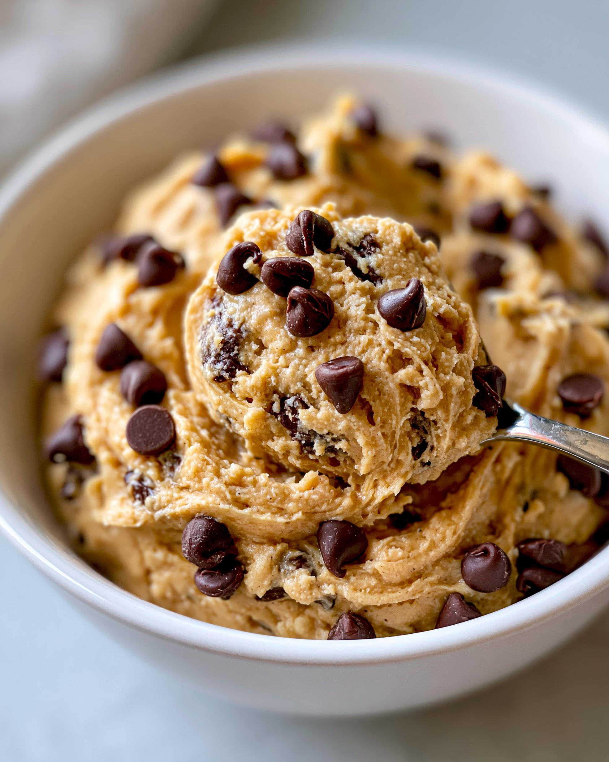 Close-up of a spoonful of edible Protein Cookie Dough loaded with chocolate chips, served in a white bowl.