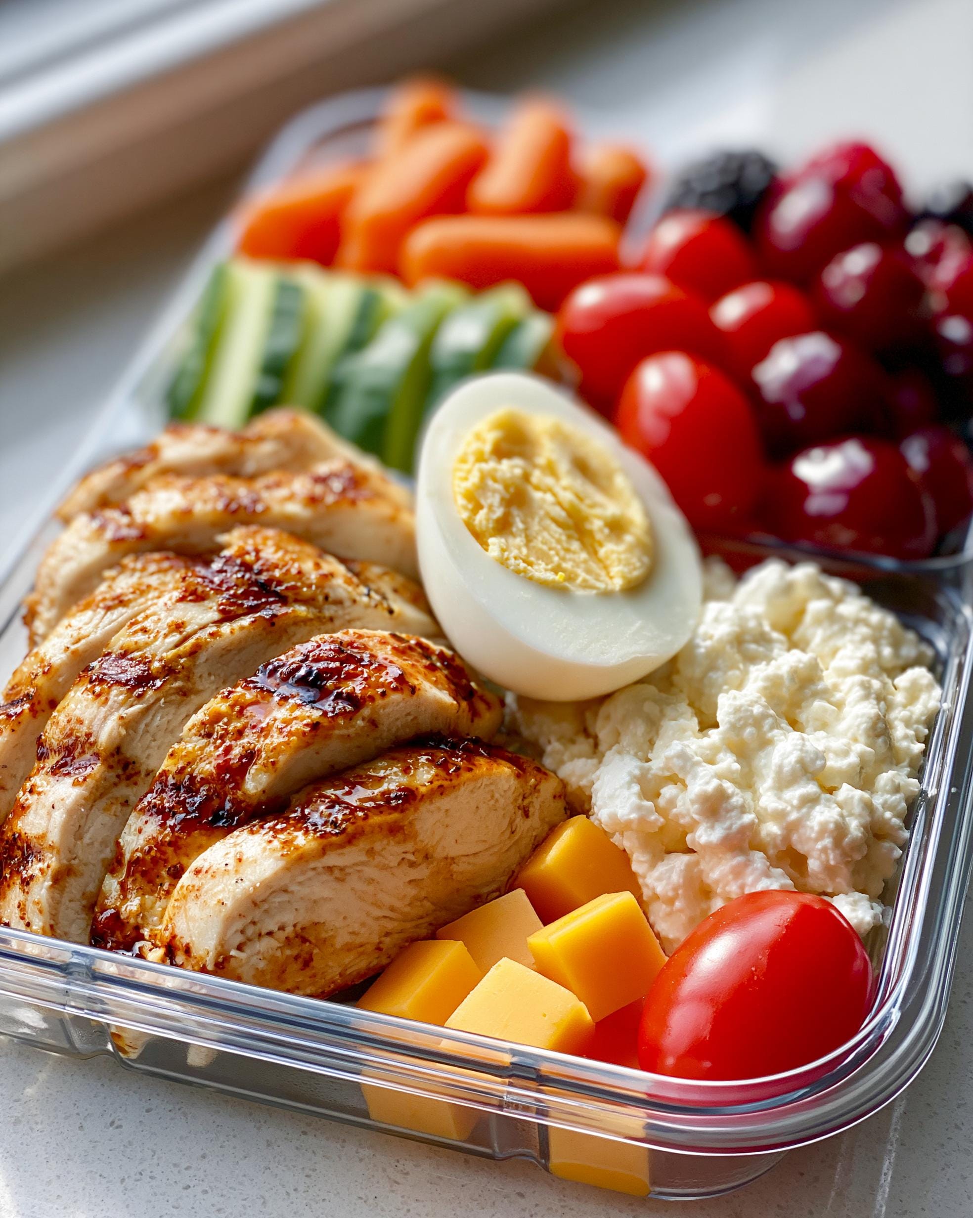 A close-up of a Protein Lunch Box with sliced grilled chicken, hard-boiled egg, cheese cubes, cottage cheese, cherry tomatoes, cucumber slices, baby carrots, and berries.
