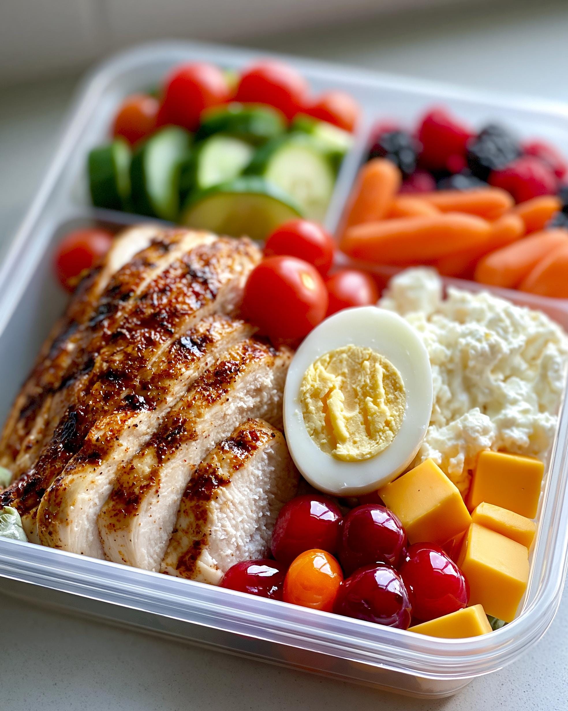 A close-up of a Protein Lunch Box filled with sliced grilled chicken, cherry tomatoes, cucumber, baby carrots, berries, cottage cheese, hard-boiled egg, and cheese cubes.