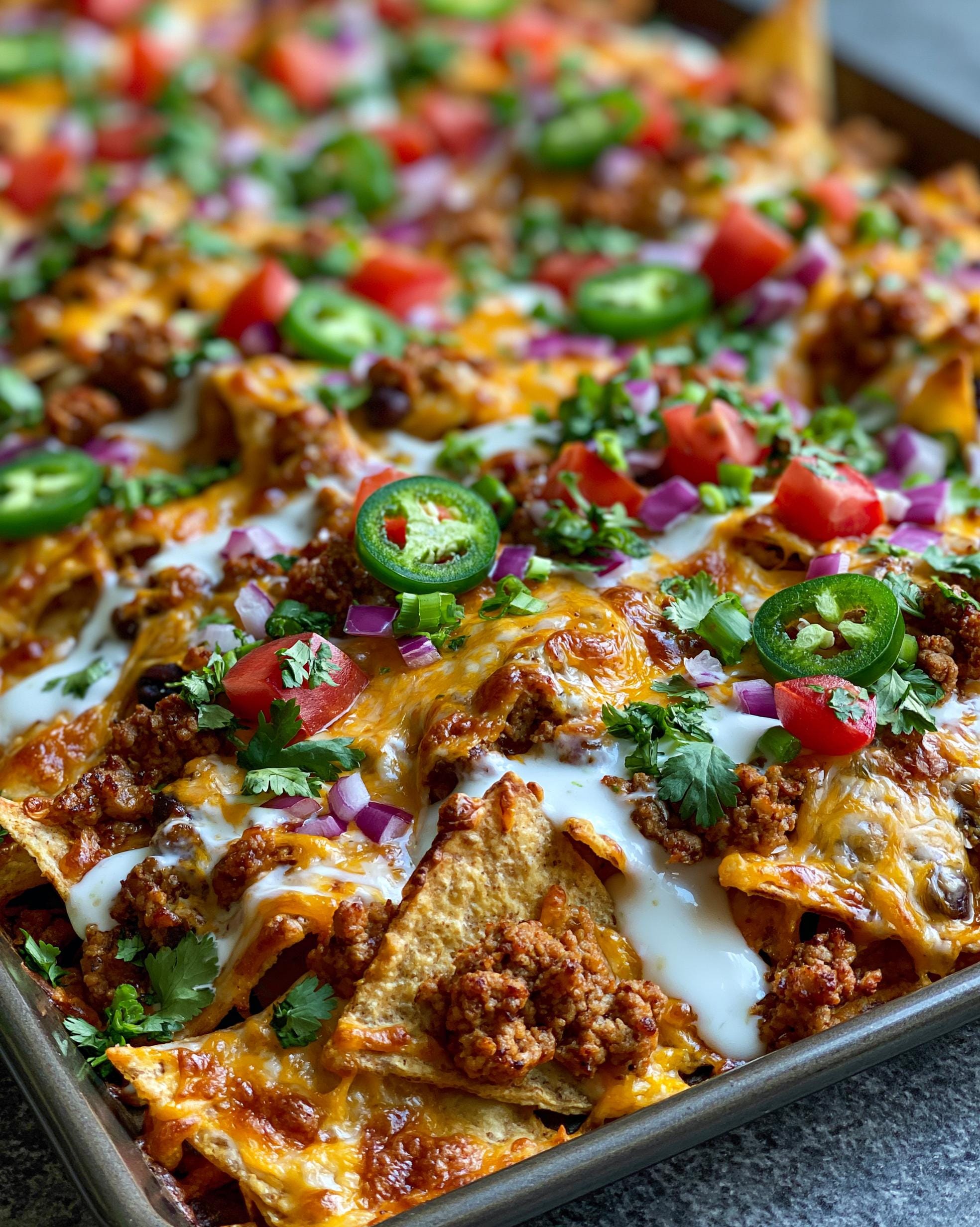 A close-up view of a full baking sheet of loaded Protein Nachos, topped with seasoned ground meat, melted cheese, tomatoes, jalapeños, and cilantro.