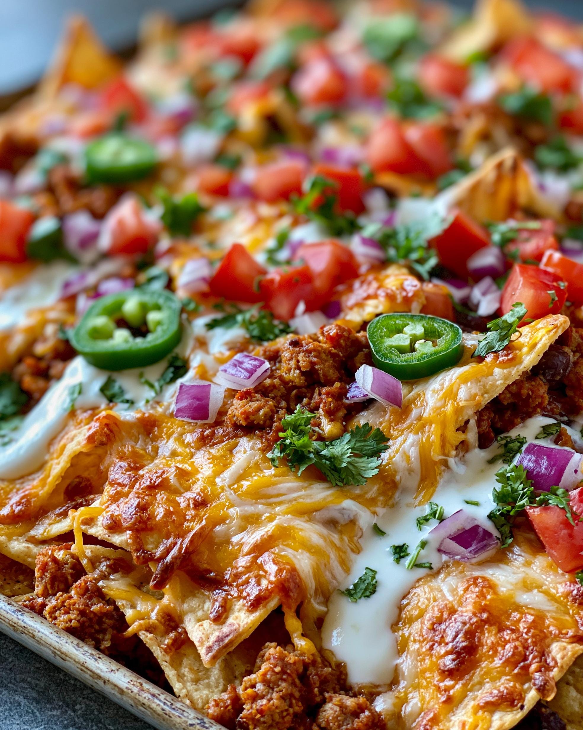 Close-up of loaded Protein Nachos with seasoned ground meat, melted cheese, tomatoes, onions, jalapenos, and sour cream.