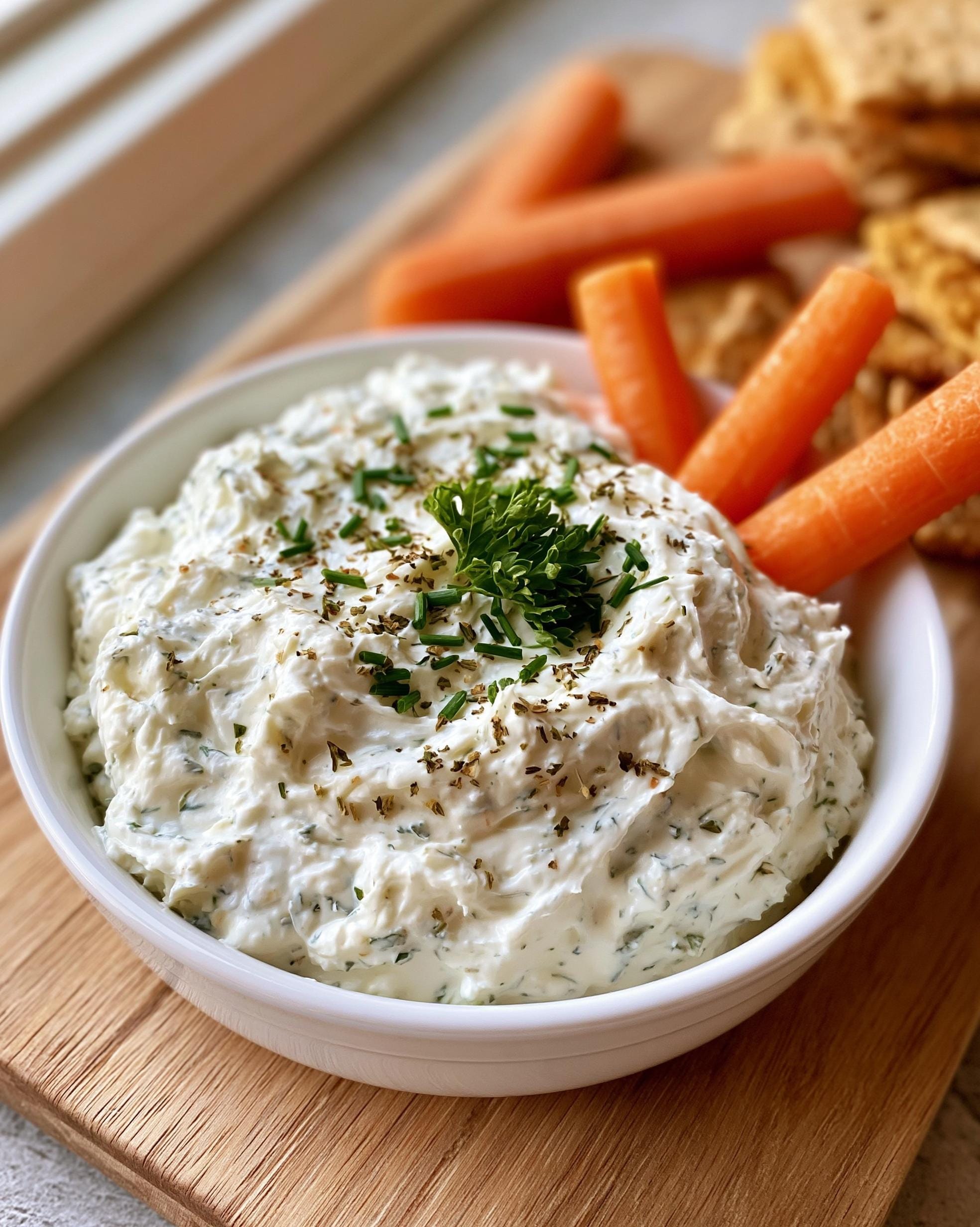 A bowl of creamy Protein Ranch Dip garnished with herbs, served with carrot sticks and crackers.
