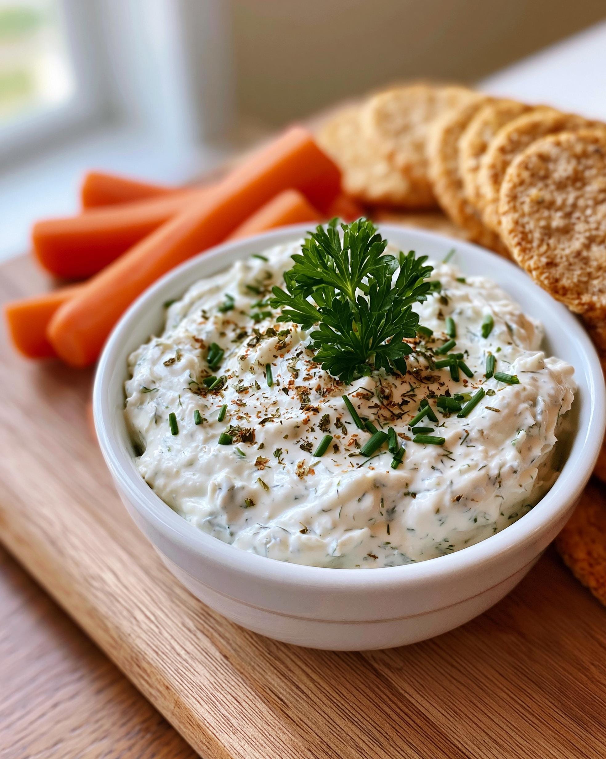 A close-up of a white bowl filled with creamy Protein Ranch Dip, garnished with parsley and chives, served with carrot sticks and crackers.