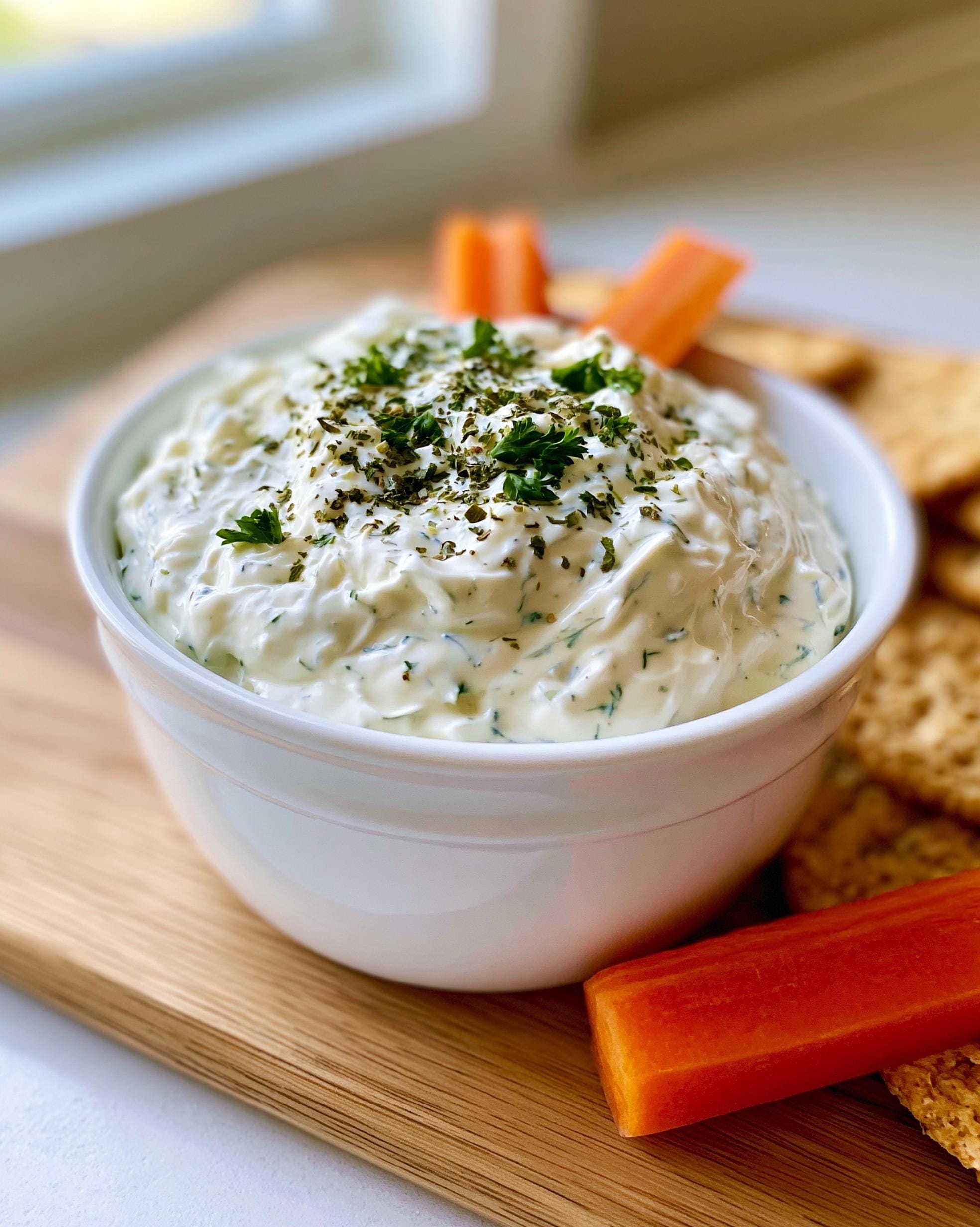 A bowl of creamy Protein Ranch Dip topped with fresh parsley and dried herbs, served with carrot sticks and crackers.