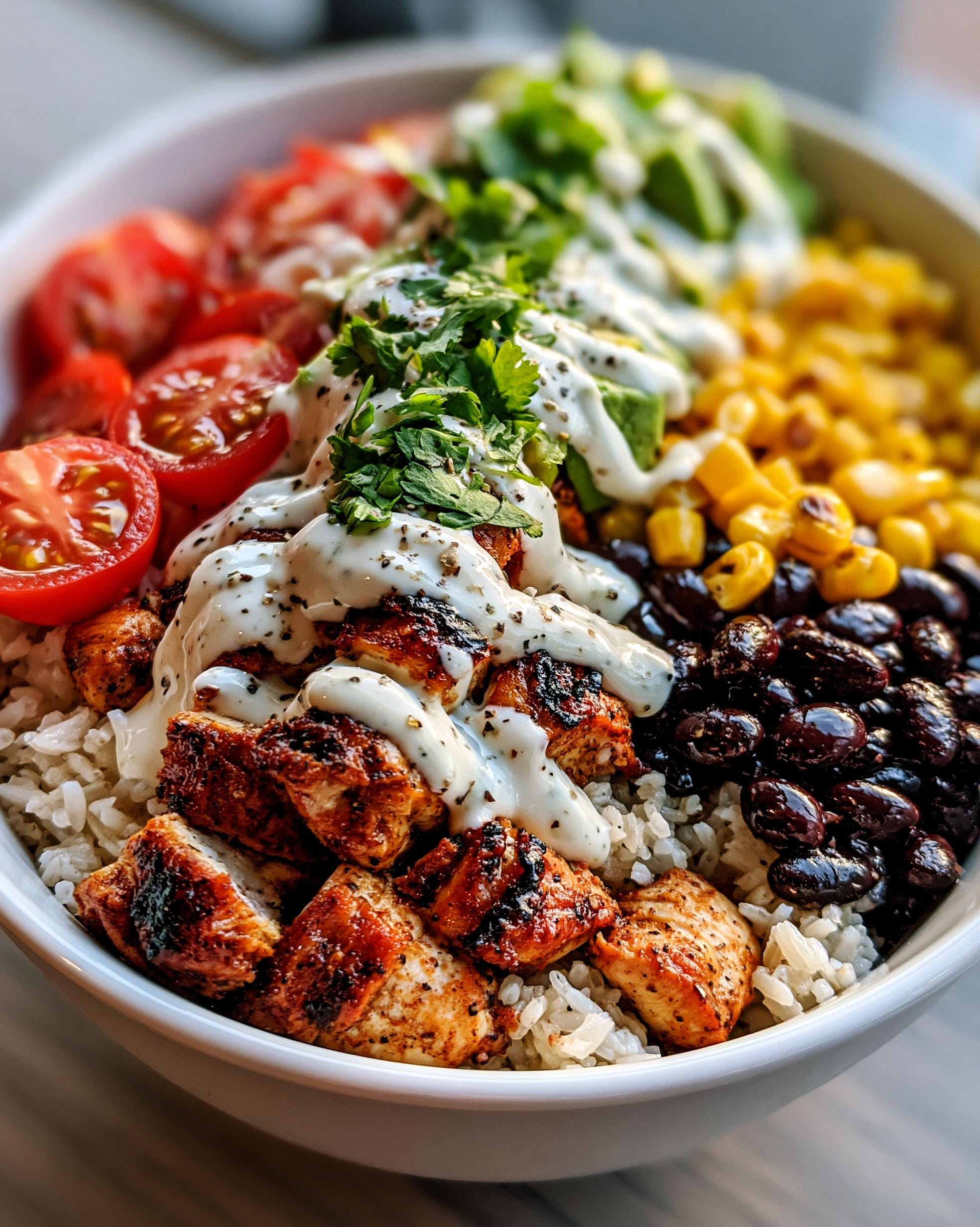 A vibrant Southwest Chicken Bowl filled with grilled chicken, rice, black beans, corn, tomatoes, avocado, and a creamy dressing.