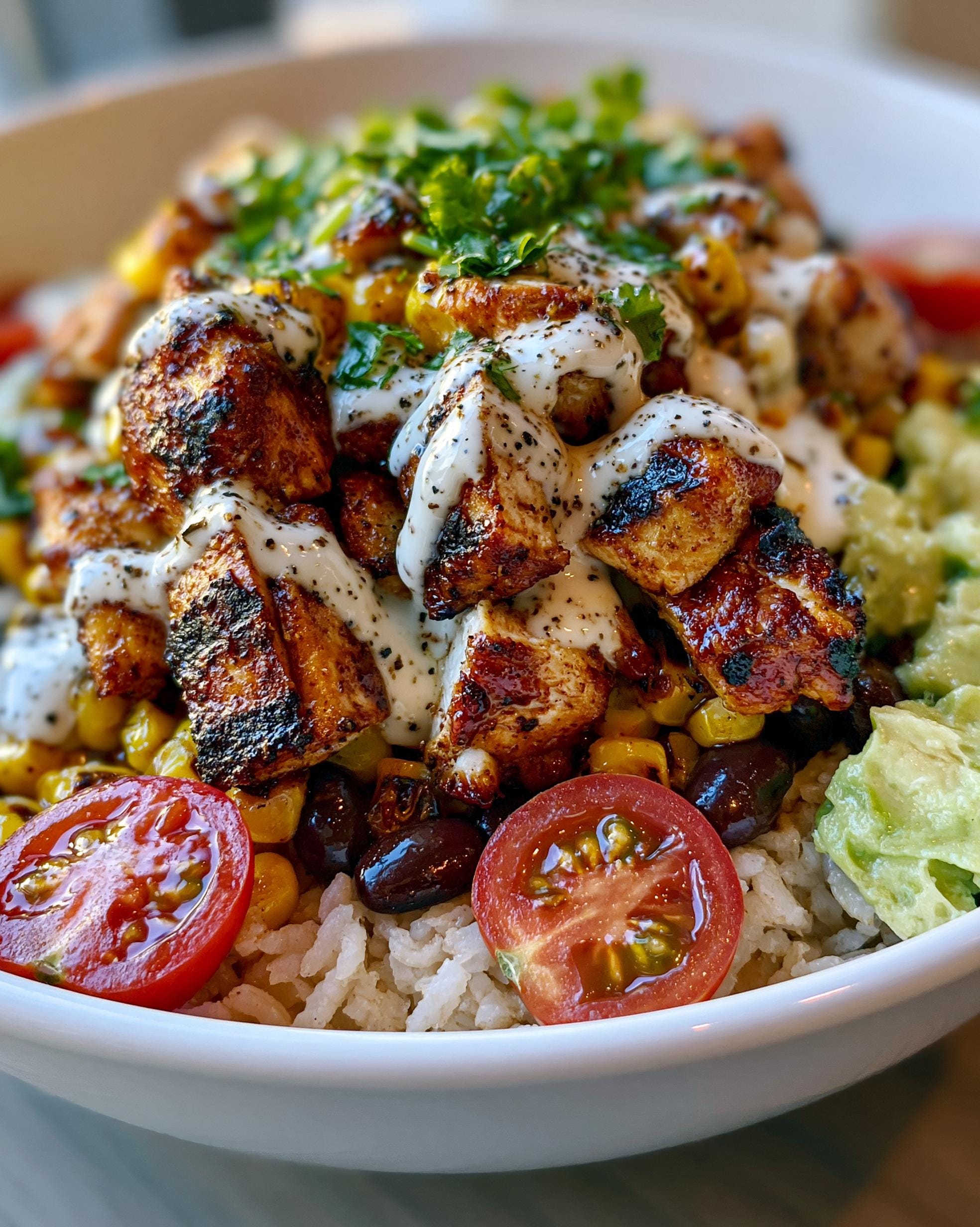 A close-up of a Southwest Chicken Bowl featuring seasoned chicken, rice, corn, black beans, avocado, and tomatoes, drizzled with sauce.