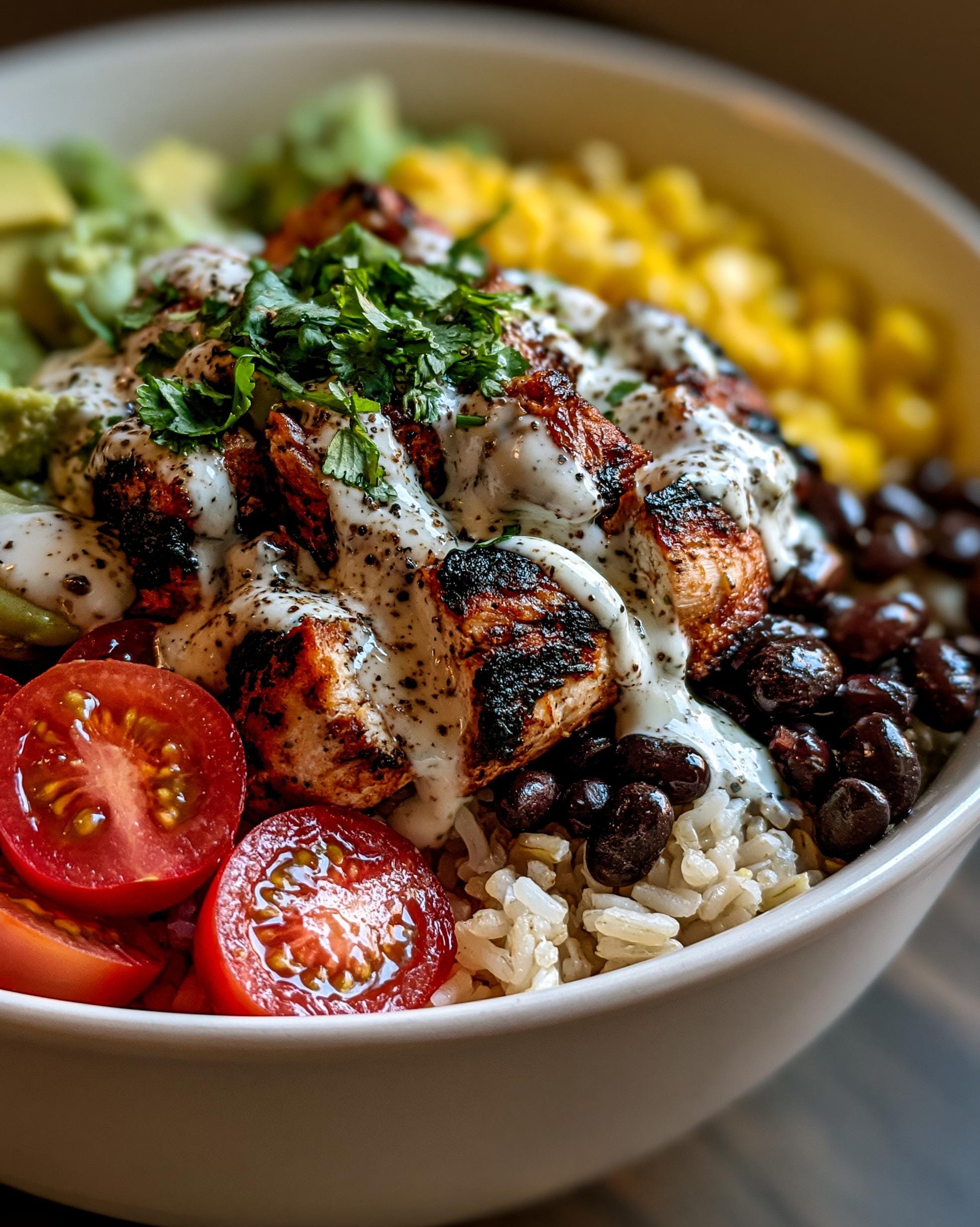 A vibrant Southwest Chicken Bowl filled with grilled chicken, black beans, corn, tomatoes, avocado, and rice, drizzled with sauce.