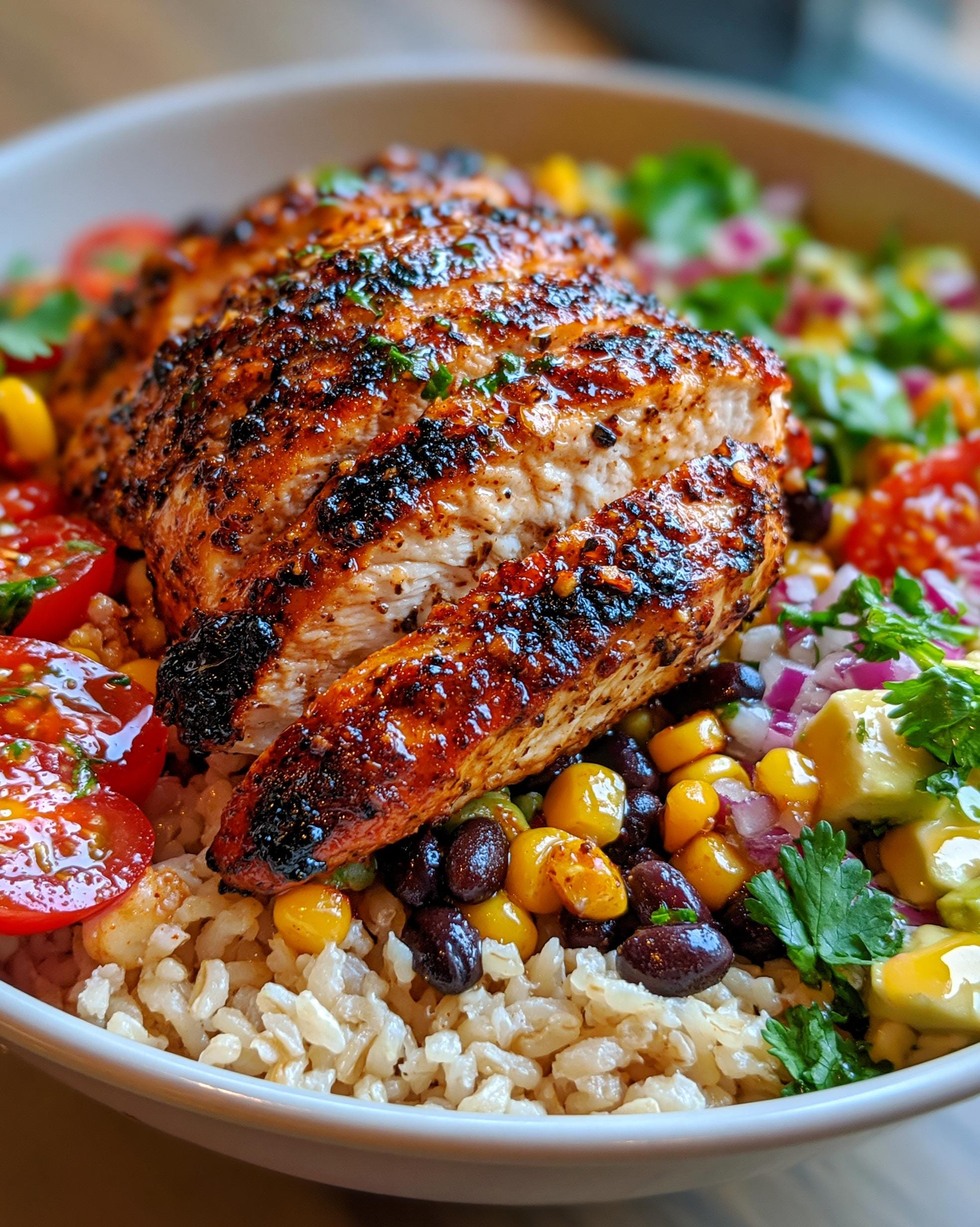 A close-up of a Southwest Chicken Corn Bowl featuring grilled chicken breast, brown rice, black beans, corn, tomatoes, avocado, and cilantro.