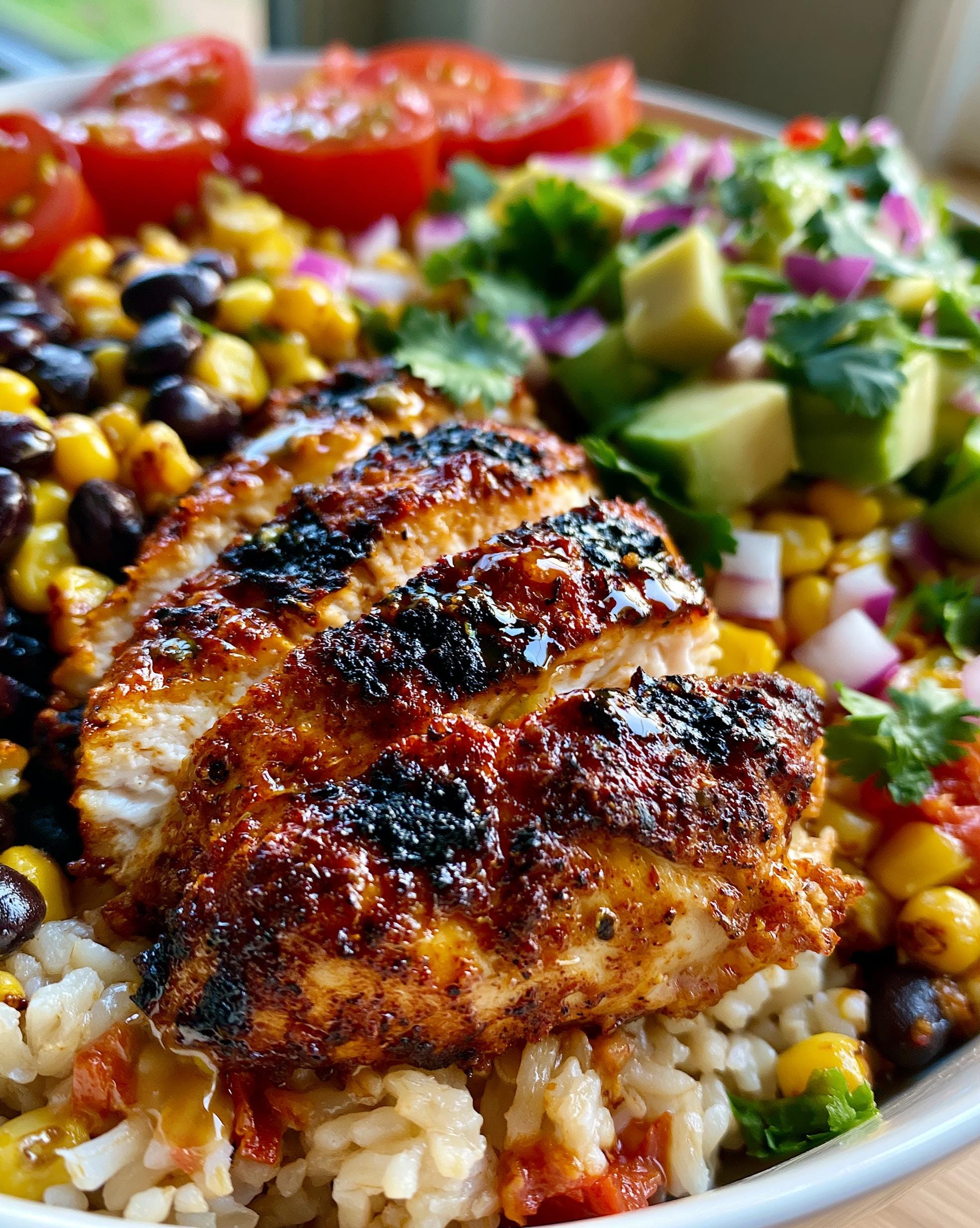 Close-up of a Southwest Chicken Corn Bowl featuring sliced grilled chicken, rice, black beans, corn, diced tomatoes, avocado, and red onion.