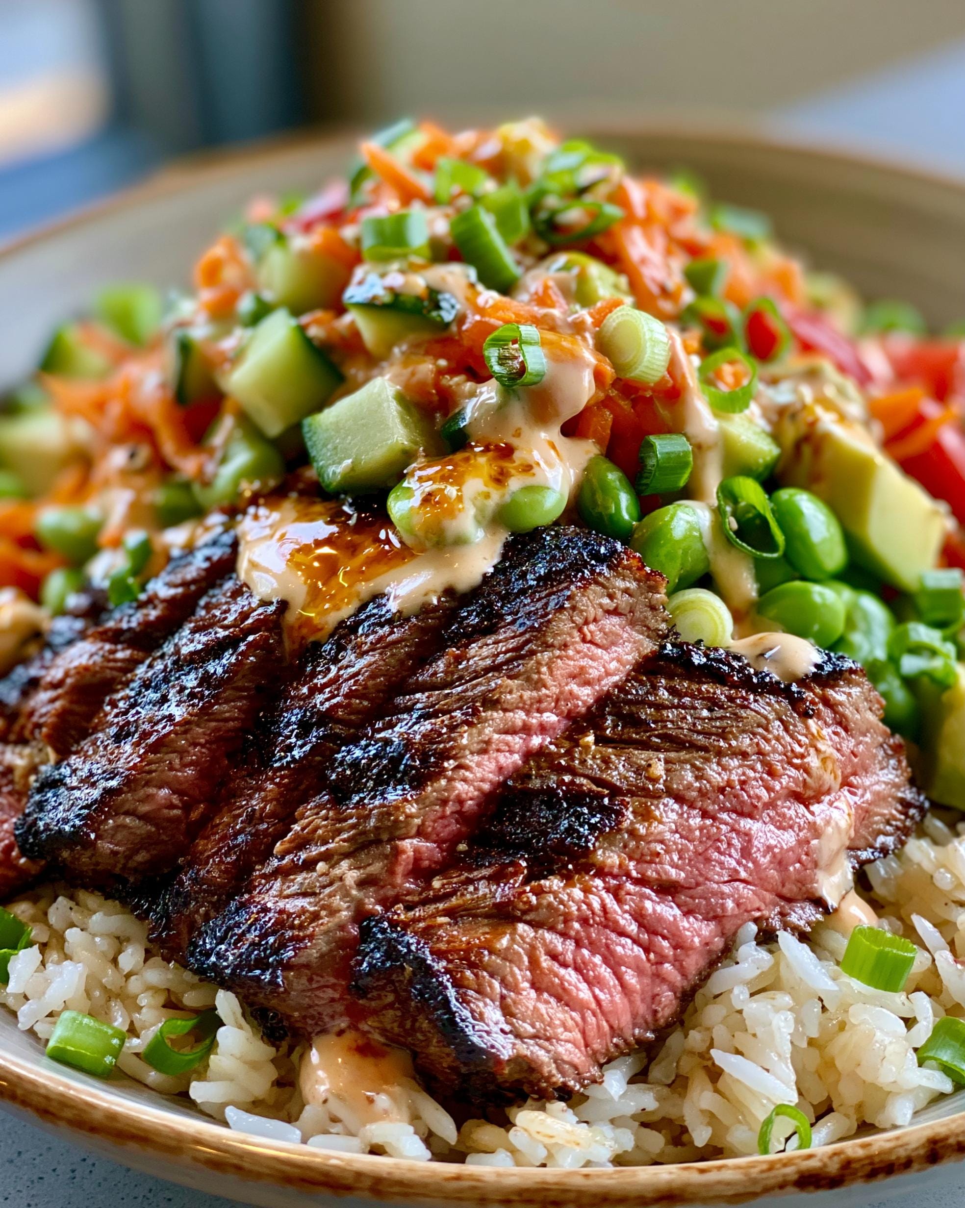 Close-up of a delicious Steak Rice Bowl, featuring sliced grilled steak over rice, topped with fresh vegetables and a creamy sauce.