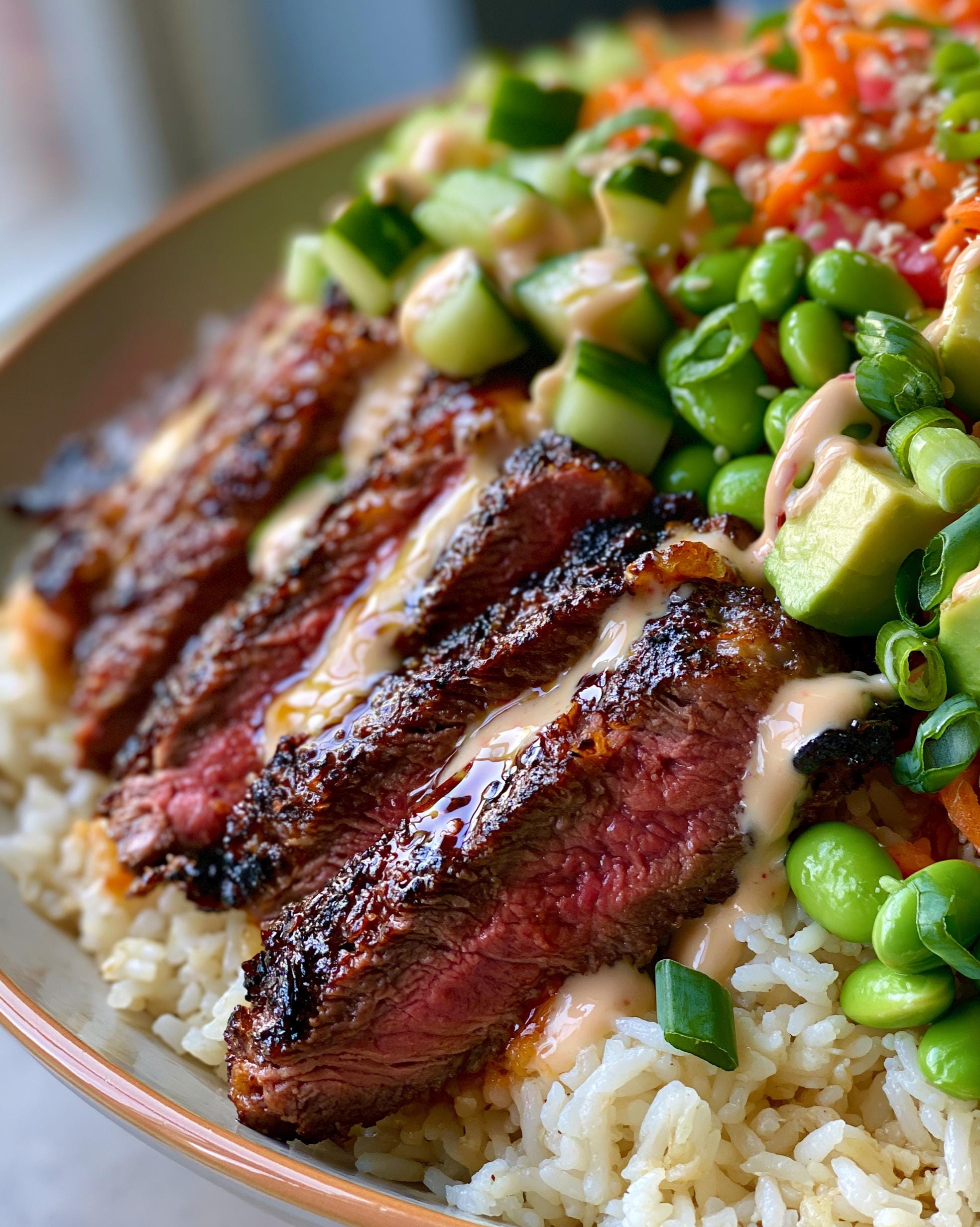 Close-up of a delicious Steak Rice Bowl featuring sliced grilled steak, rice, edamame, cucumber, avocado, and a drizzle of tangy sauce.