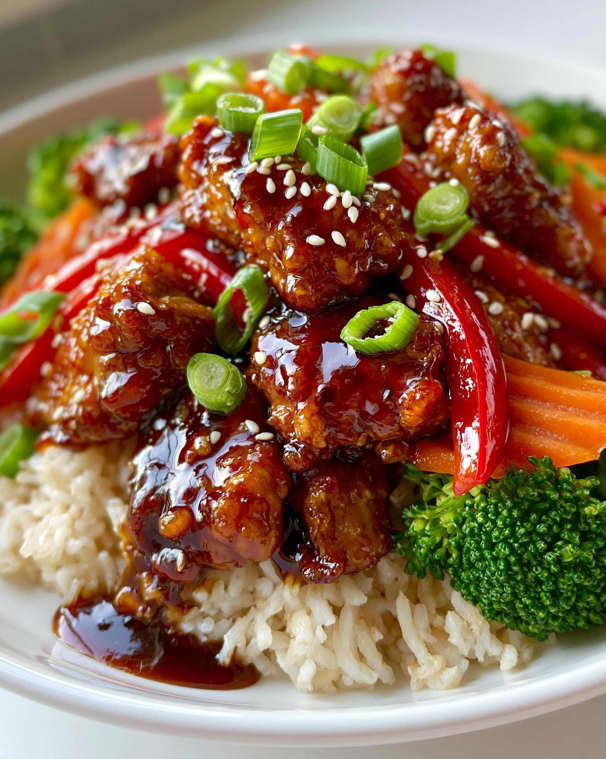 A close-up of a Teriyaki Chicken Bowl featuring glazed chicken pieces, broccoli, carrots, and red bell peppers over rice, garnished with sesame seeds and scallions.