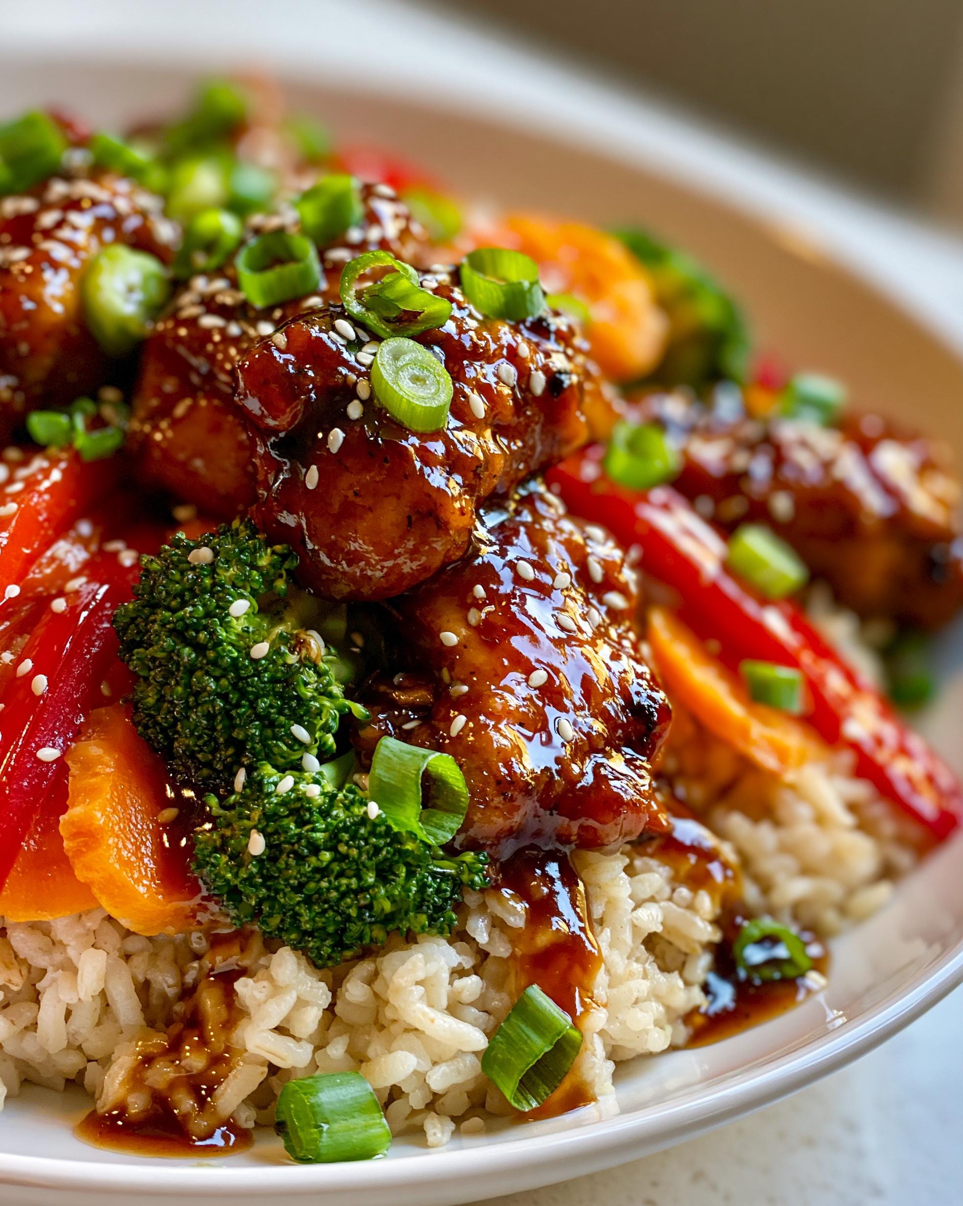 A close-up of a Teriyaki Chicken Bowl featuring glazed chicken pieces, broccoli, bell peppers, and carrots over brown rice, garnished with sesame seeds and green onions.
