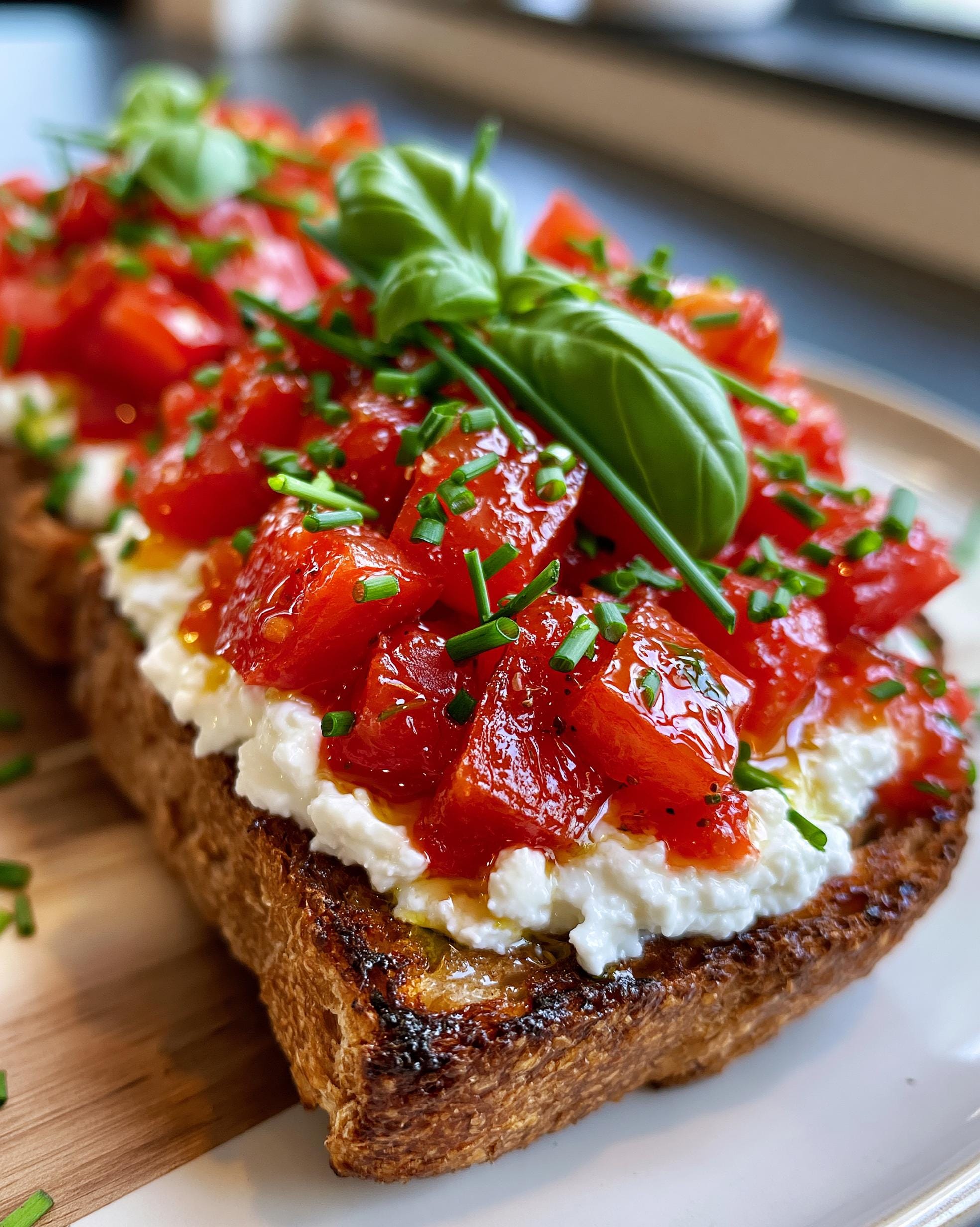 Close-up of Tomato Cottage Cheese Toast topped with fresh tomatoes, cottage cheese, chives, and basil.